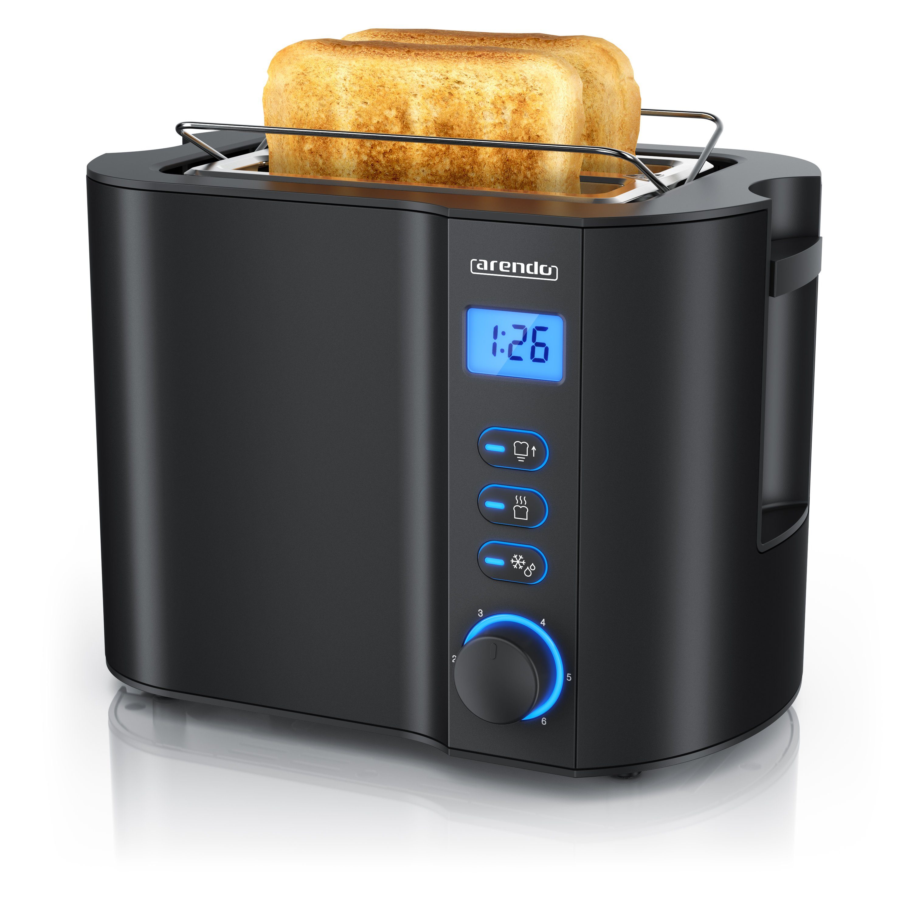Arendo Toaster Edelstahl, 2 Scheiben Kurz, Kurzschlitz, Display, Restzeitanzeige, 2 kurze Schlitze, für 2 Scheiben, 800 W, Integrierter Brötchenaufsatz, Doppelwandgehäuse Wärmeisoliert