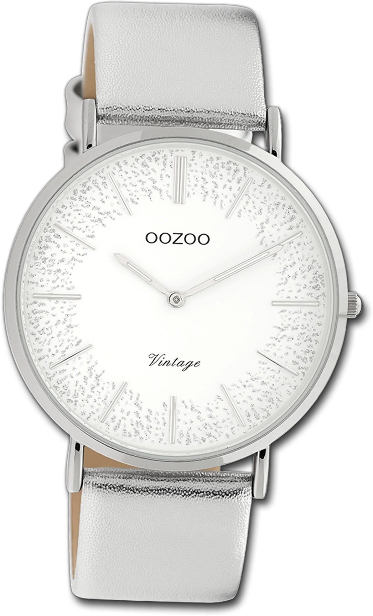OOZOO Quarzuhr Oozoo Damen Armbanduhr Ultra Slim, Damenuhr Lederarmband silber, rundes Gehäuse, groß (ca. 40mm)