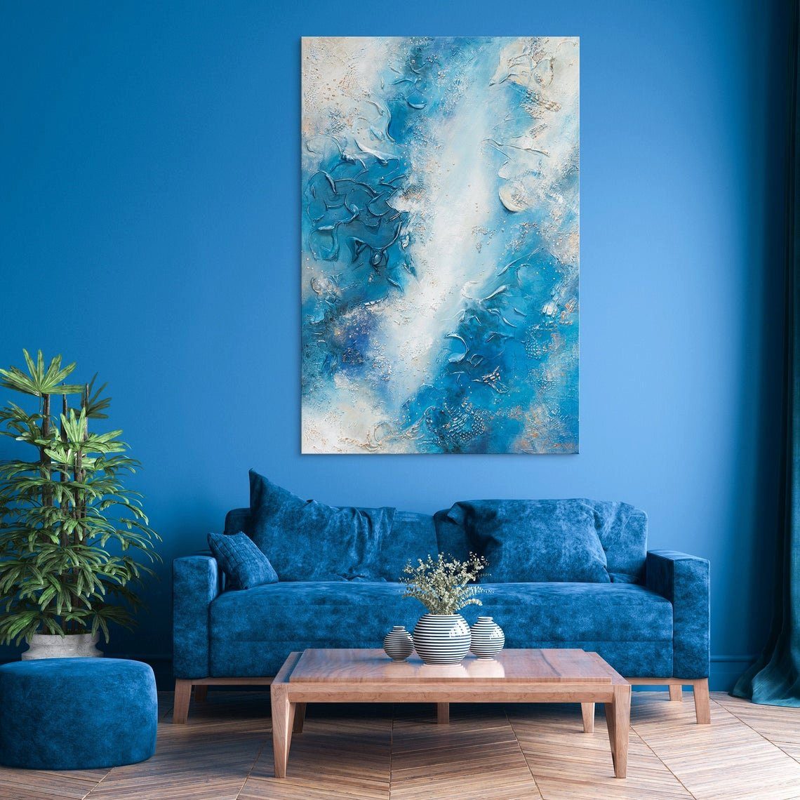 Leinwand in Vertikales Pazifik, Handgemalt Gemälde Abstraktion, Bild YS-Art Abstrakt Blau