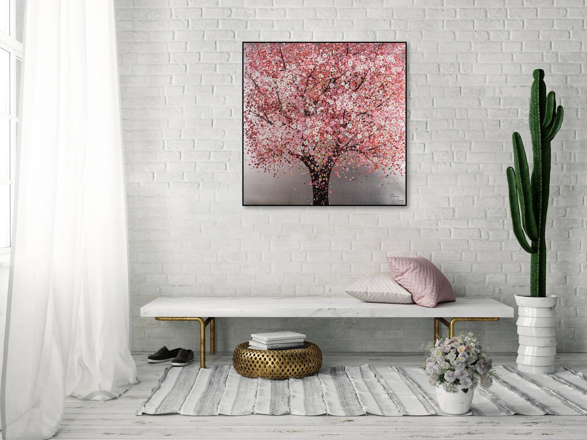 Wohnzimmer 80x80 cm, Gemälde Wandbild 100% Leinwandbild HANDGEMALT KUNSTLOFT Kirschblütenzauber