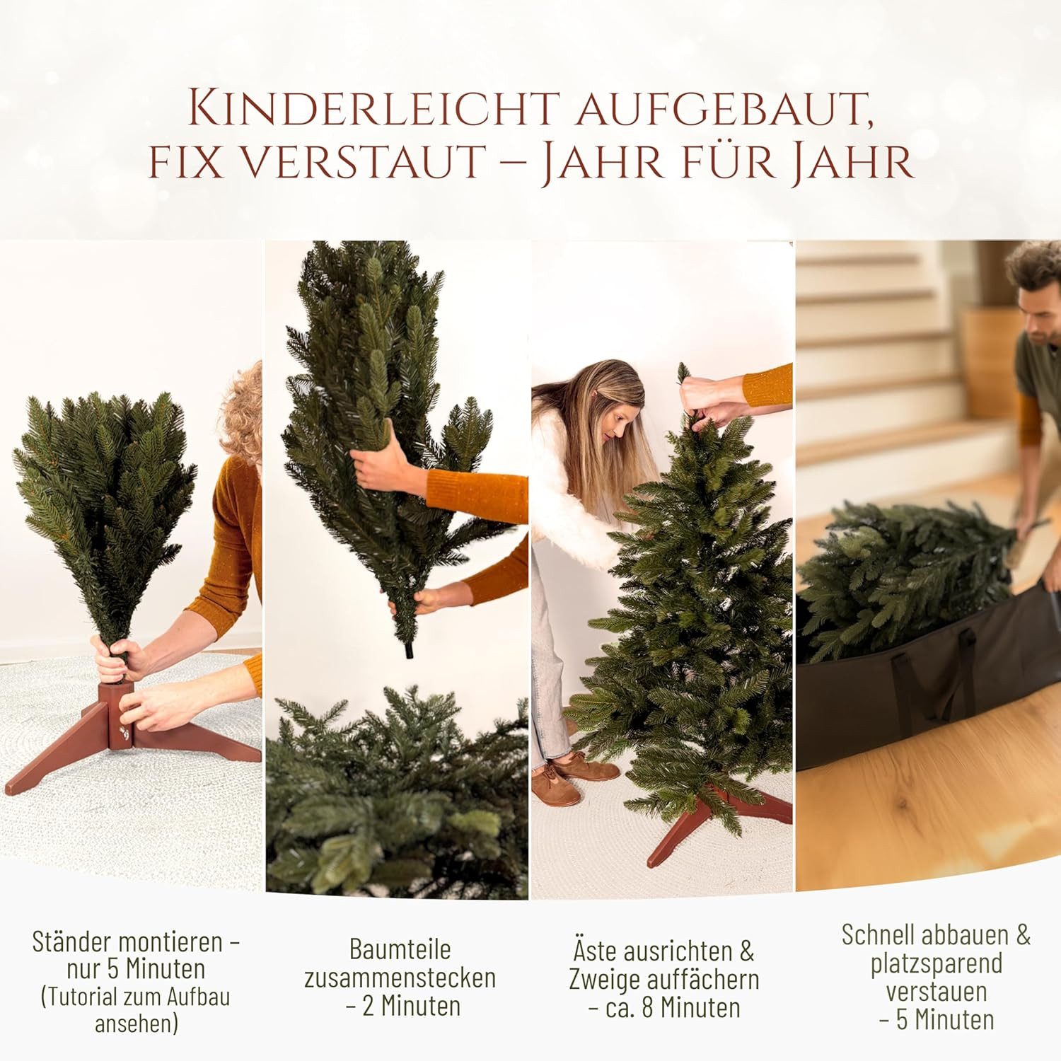 PURE LIVING INTERIOR DESIGN Künstlicher Weihnachtsbaum Nordmanntanne naturgetreu mit Holzständer, erhältlich in 90-250 cm, Nordmanntanne, Elegant, Stilvolle Dek – Bild 5 von 5