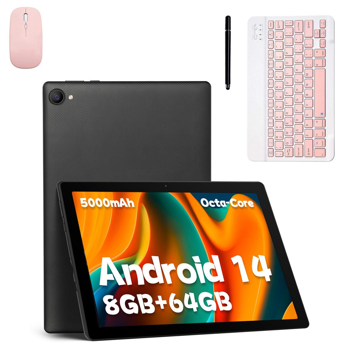 BUFO 10 Zoll 1280x800 HD 5000mAh WiFi 6 mit Tastatur, Maus und Stylus Tablet (10.1", 64 GB, Android 14, 5G WiFi, Android 14 mit Tastatur Set, KI-Unterstützung, 8GB+64GB)