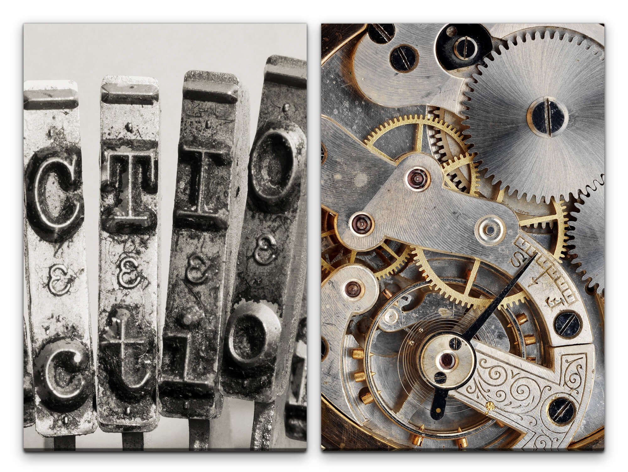 Sinus Art Leinwandbild 2 Bilder je 60x90cm Schreibmaschine Buchstaben Zahnräder Zeit Uhrwerk Mechanisch Büro