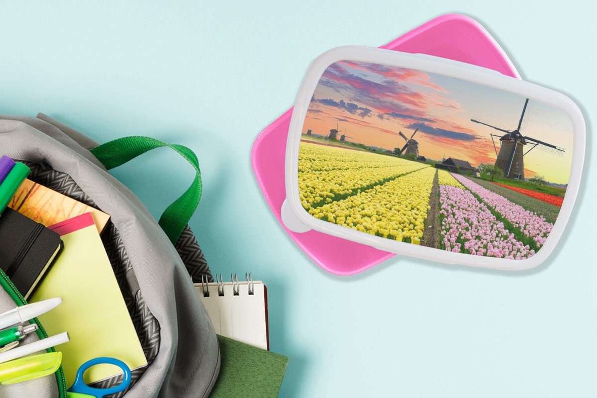 MuchoWow Lunchbox Tulpen - rosa Natur, Windmühle Kinder, Brotbox Mädchen, Erwachsene, Snackbox, Kunststoff, (2-tlg), Brotdose für - Kunststoff