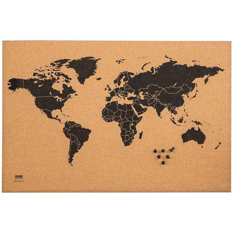 Idena Pinnwand World Map, aus Kork, mit Schwarzer Weltkarte, 60 x 40 cm, mit 6 Pinnwandnadeln