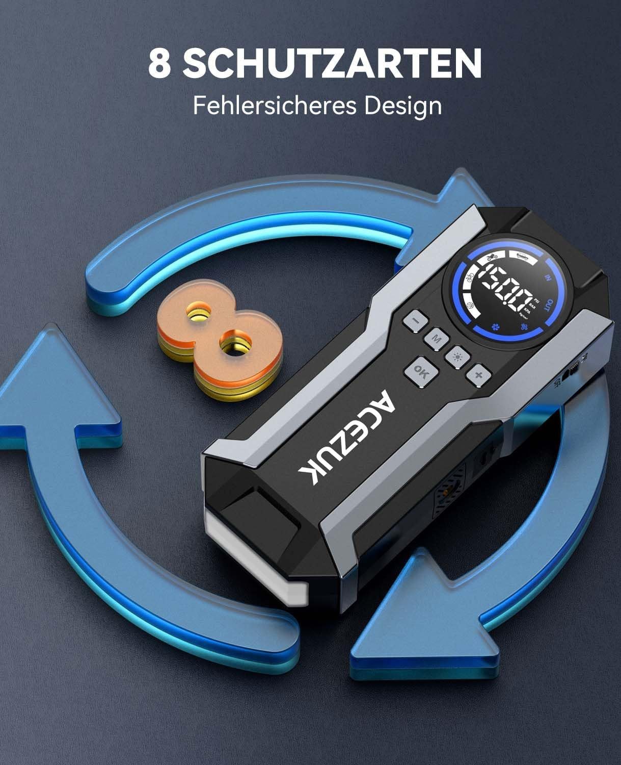 Acezuk Jump Starter Car Jump Starter with Air Compressor 3-in-1 Jump Starter (12V), 150 PSI, 6000A with LED Emergency Light and USB Power Bank