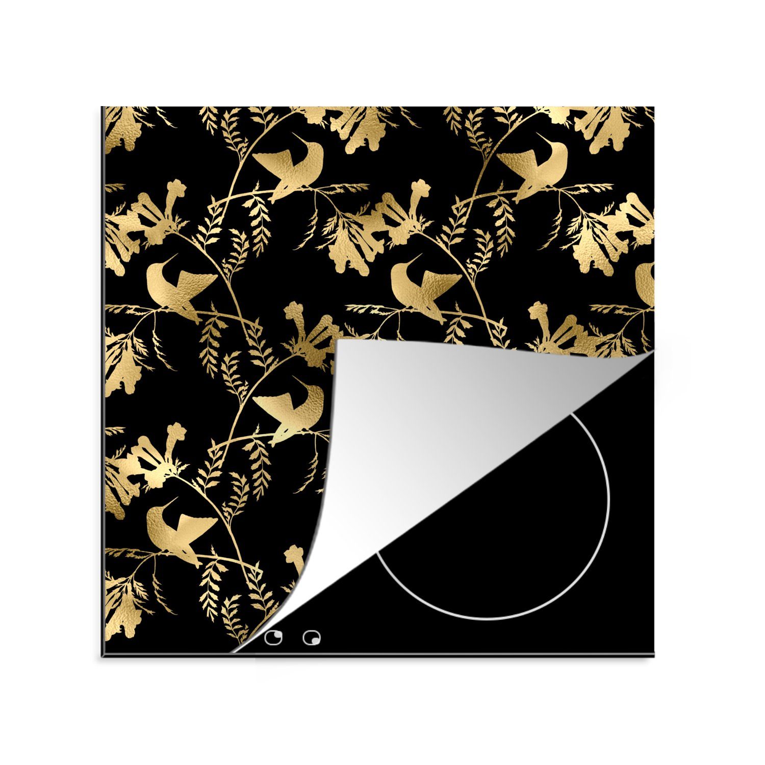 MuchoWow Herdblende-/Abdeckplatte Muster - Vögel - Gold, Vinyl, (1 tlg), 78x78 cm, Ceranfeldabdeckung, Arbeitsplatte für küche
