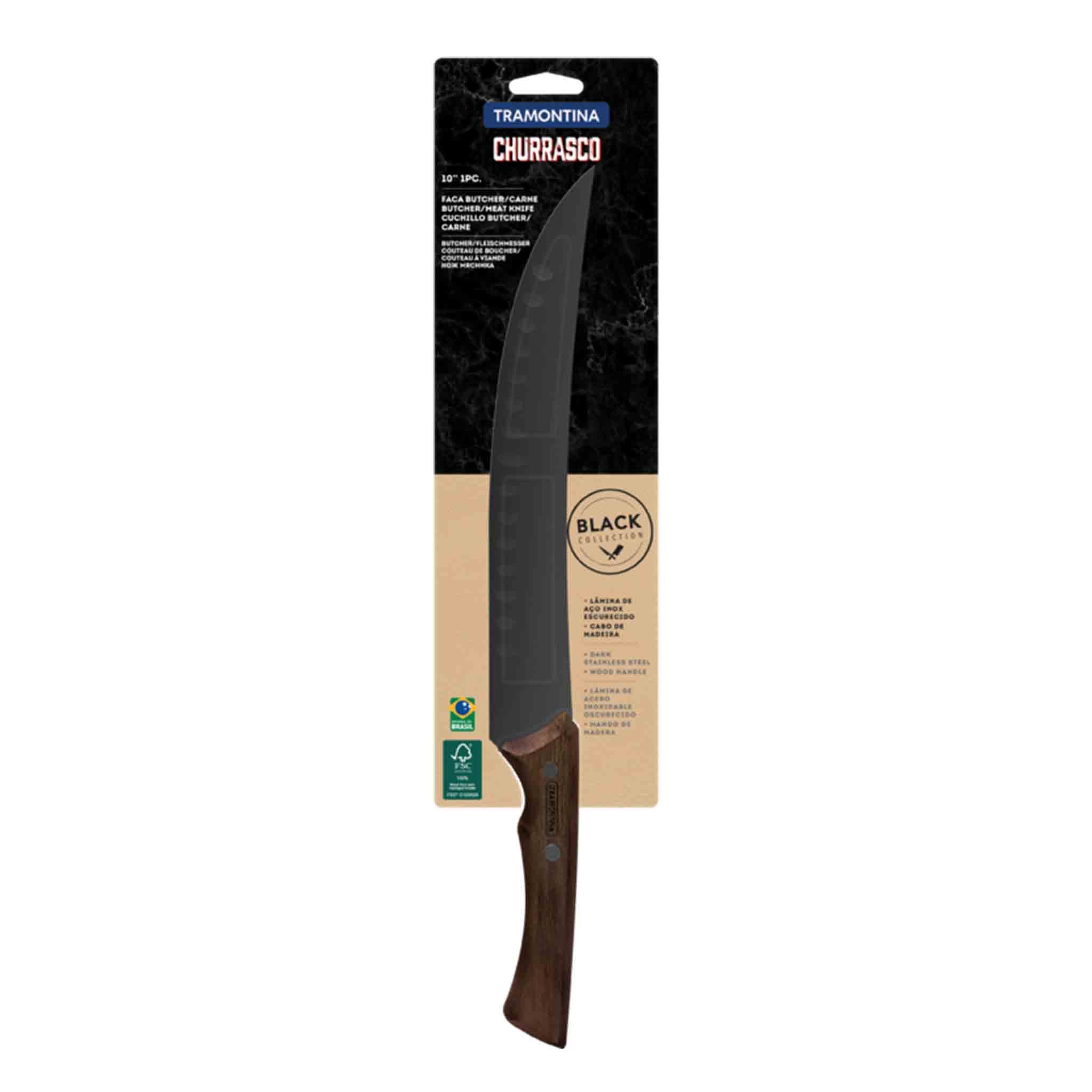 Tramontina Fleischmesser CHURRASCO BLACK - Kochmesser, Edelstahl, rostfrei, ergonomisch, dunkle Edelstahlklinge, 24 cm Klinge, mit Holzgriff FSC-zertifiziert