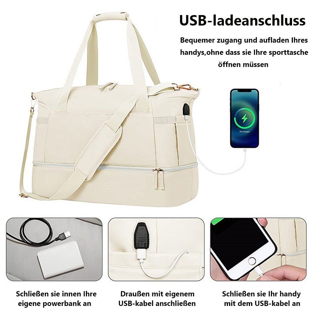 DÖRÖY Sporttasche USB-aufladbare Sporttasche und Gepäcktasche,Sporttasche,nasse Weiß trockene