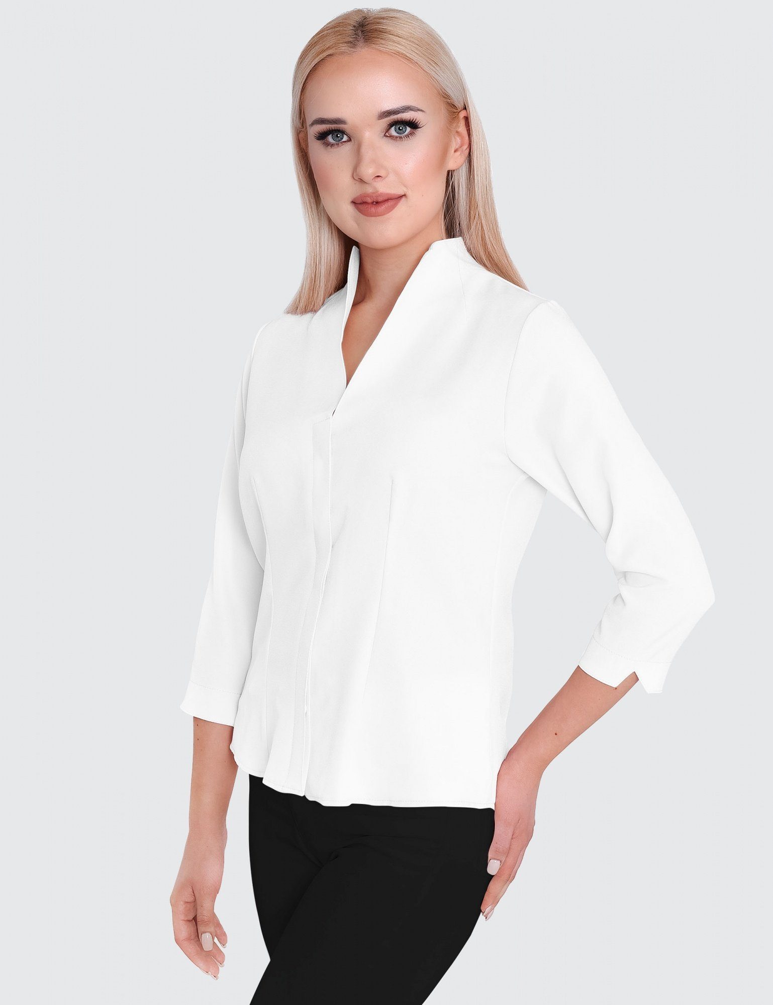 HEVENTON Klassische Bluse Kelchkragen, Business-Bluse Weiß 3/4-Ärmel, mit bügelleicht