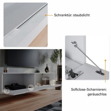 SONNI Lowboard TV Schrank, Weiß, Lowboard, TV Board, Fernsehschrank, mit 12 Led Farben Beleuchtung, Hängend, Hochglanz, 140cm x 35cm x 30cm
