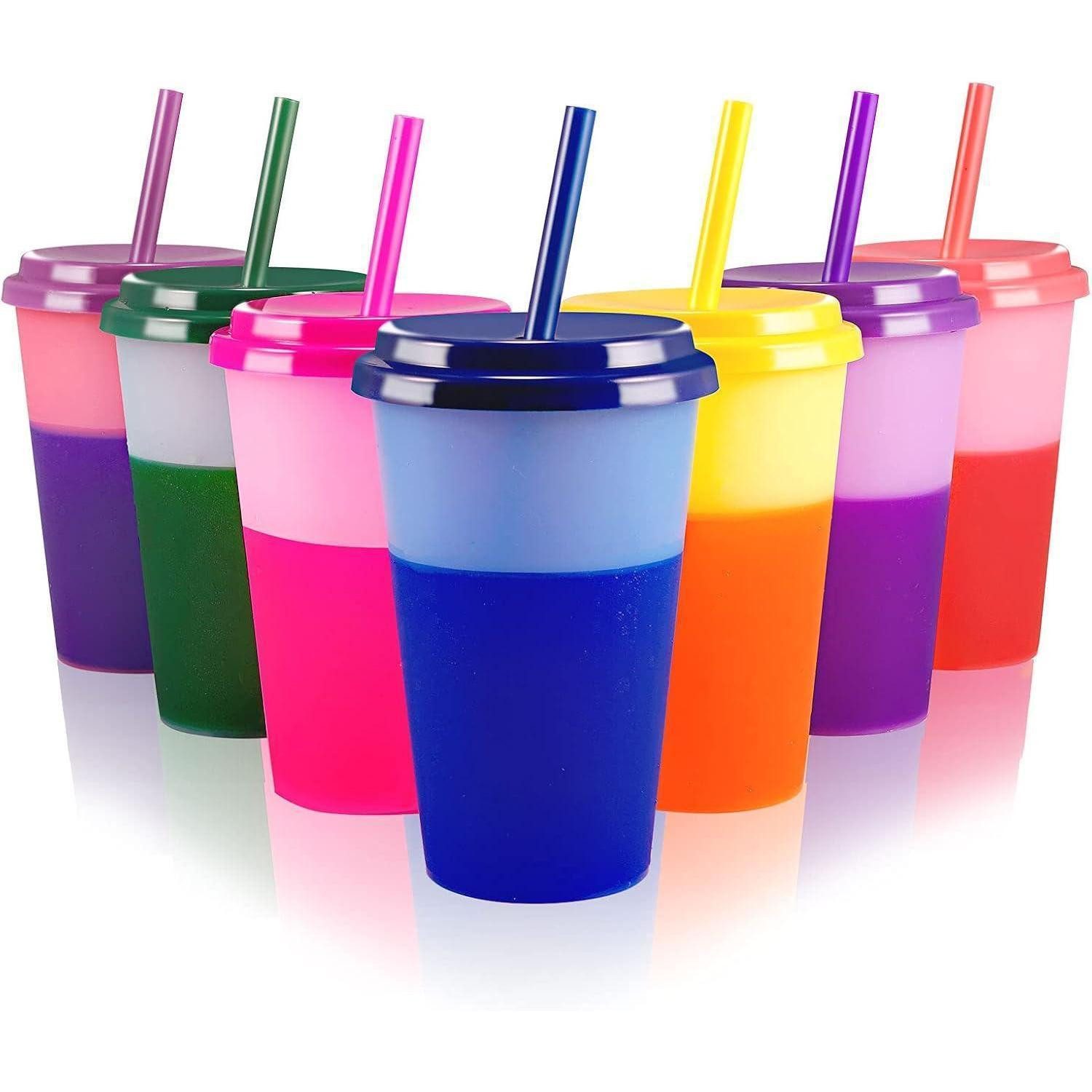 LuxusKollektion Becher 7er Pack Becher 350ml mit Deckel und Strohhalm - Mehrweg Plastikbecher, Kunststoff