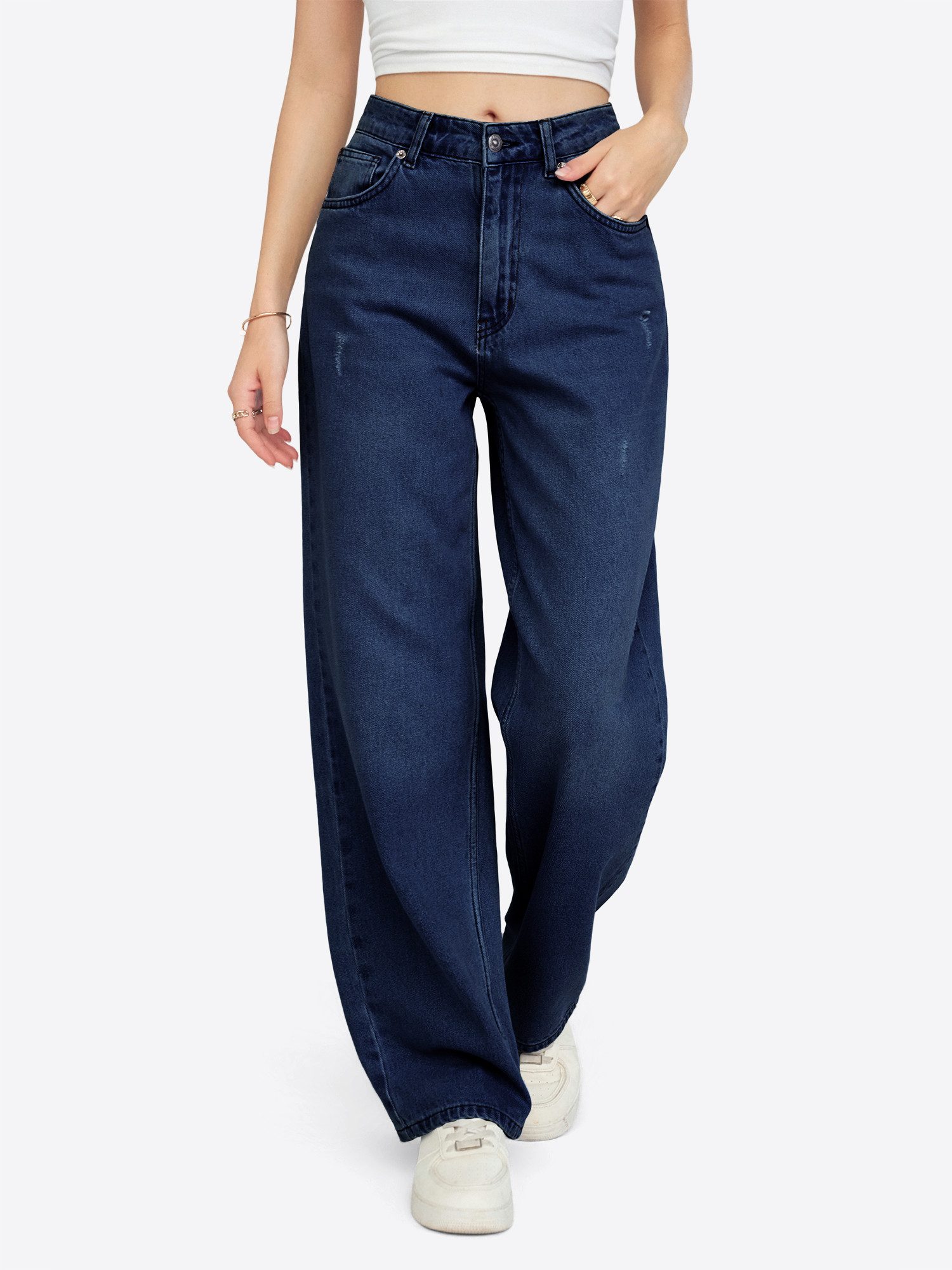 Weite Jeans Damen hochtaillierte Loose-fit-Jeans mit Waschungseffekt