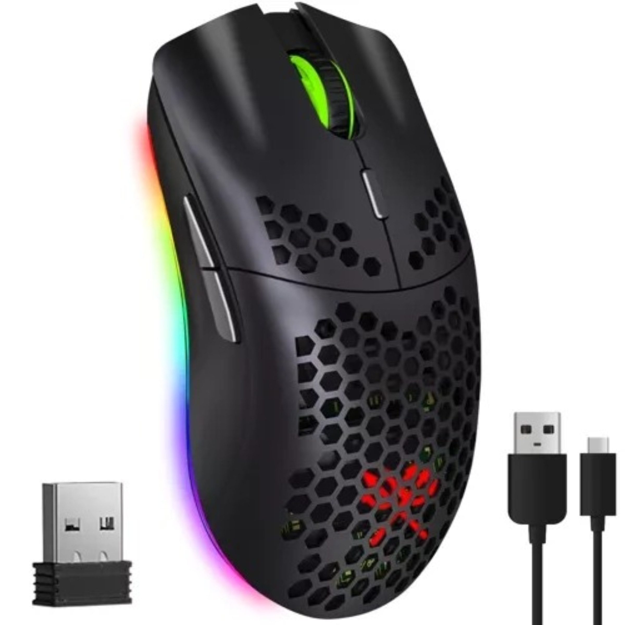 Dunmoon Kabellose Gaming-Maus mit 6 Tasten, RGB-Beleuchtung und 2400 DPI Gaming-Maus (Funk (2,4 GHz), Kabellose 2,4-GHz-Gaming-Maus mit 5 DPI-Stufen & RGB-Licht)