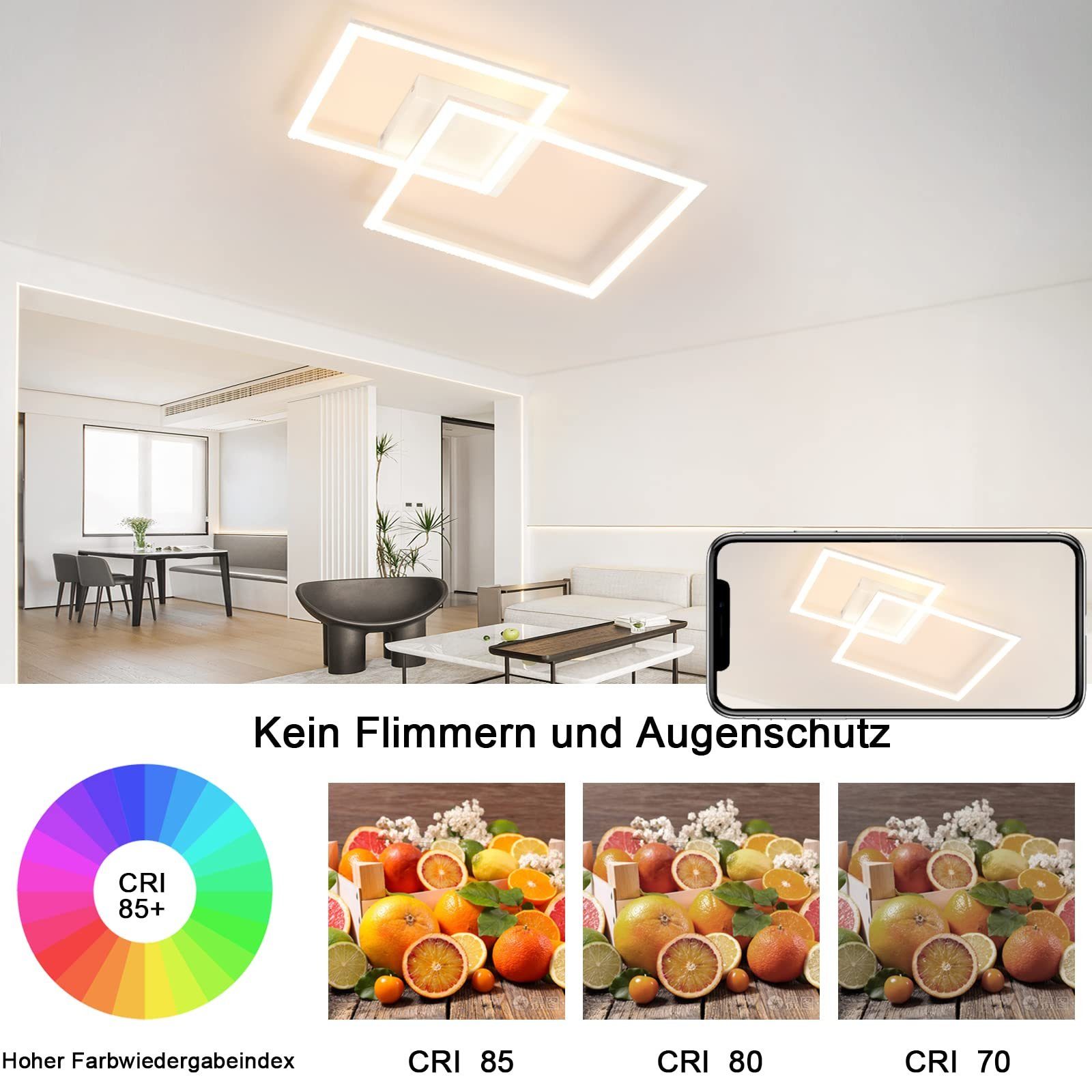 zwei Quadrat 57*48cm, fest 50W warmweiß-kaltweiß, Deckenleuchte LED LED Weiß integriert, LEDs Kristall ZMH Modern