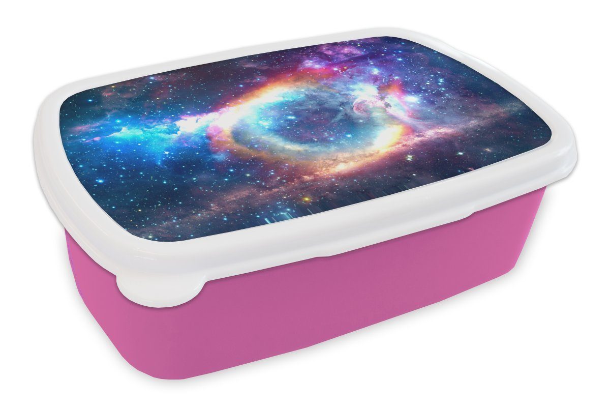 MuchoWow Lunchbox Weltraum - Regenbogen - Sterne, Kunststoff, (2-tlg), Brotbox für Erwachsene, Brotdose Kinder, Snackbox, Mädchen, Kunststoff rosa