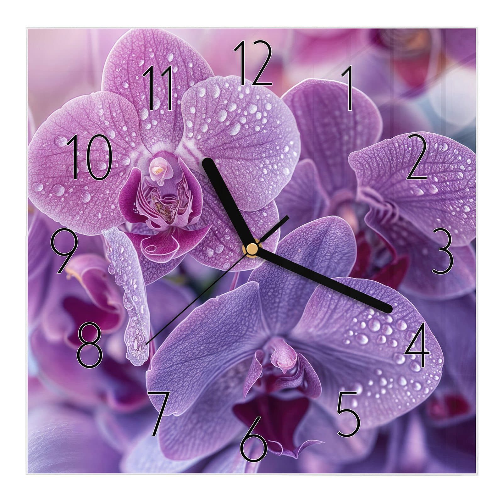 Wanduhr Glasuhr Wanduhr Wandkunst Größe 30 x 30 cm mit Motiv Orchideenblüten