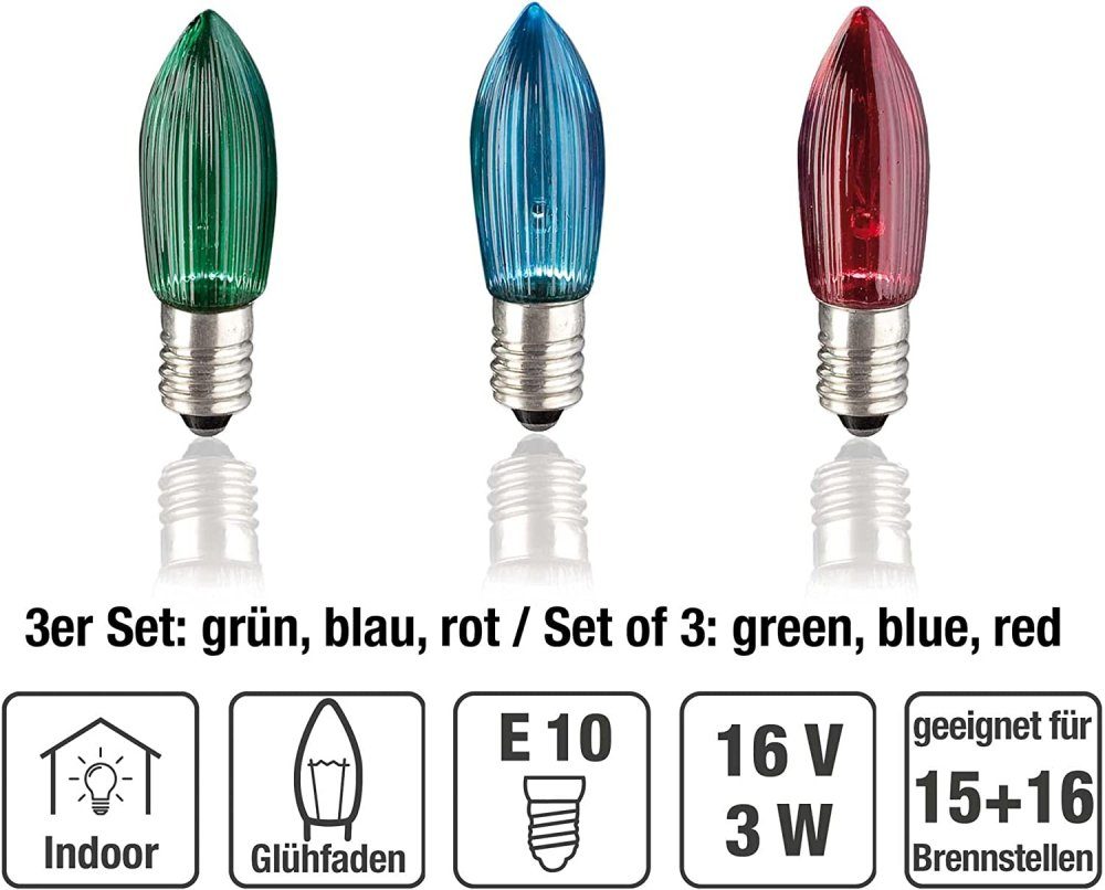 LED-Leuchtmittel 16V 3 Riffelkerze 3W Hellum E10 bunt Hellum x