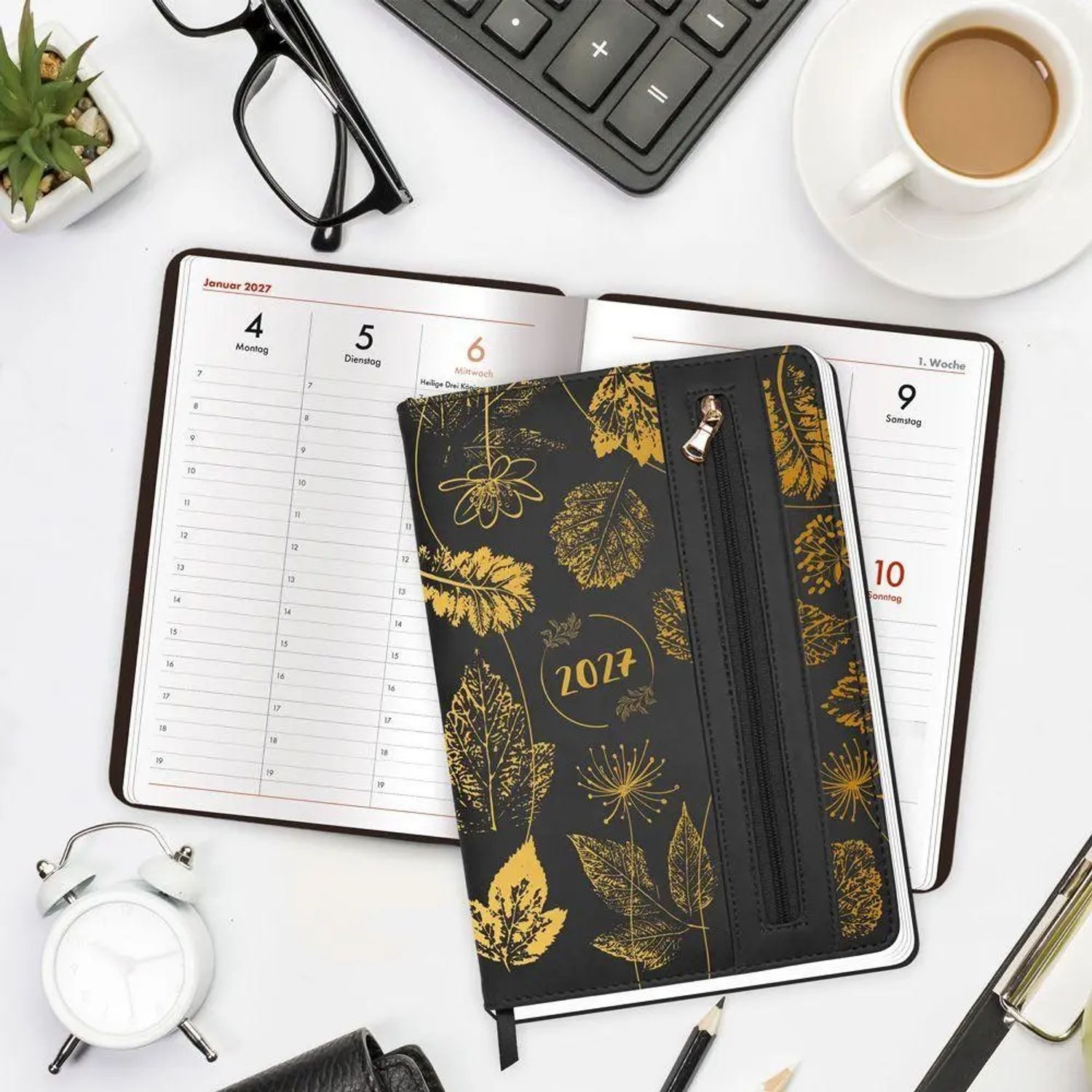 Trötsch Verlag Taschenkalender TRÖTSCH - Wochenplaner A5 mit Tasche Flowers black 2027