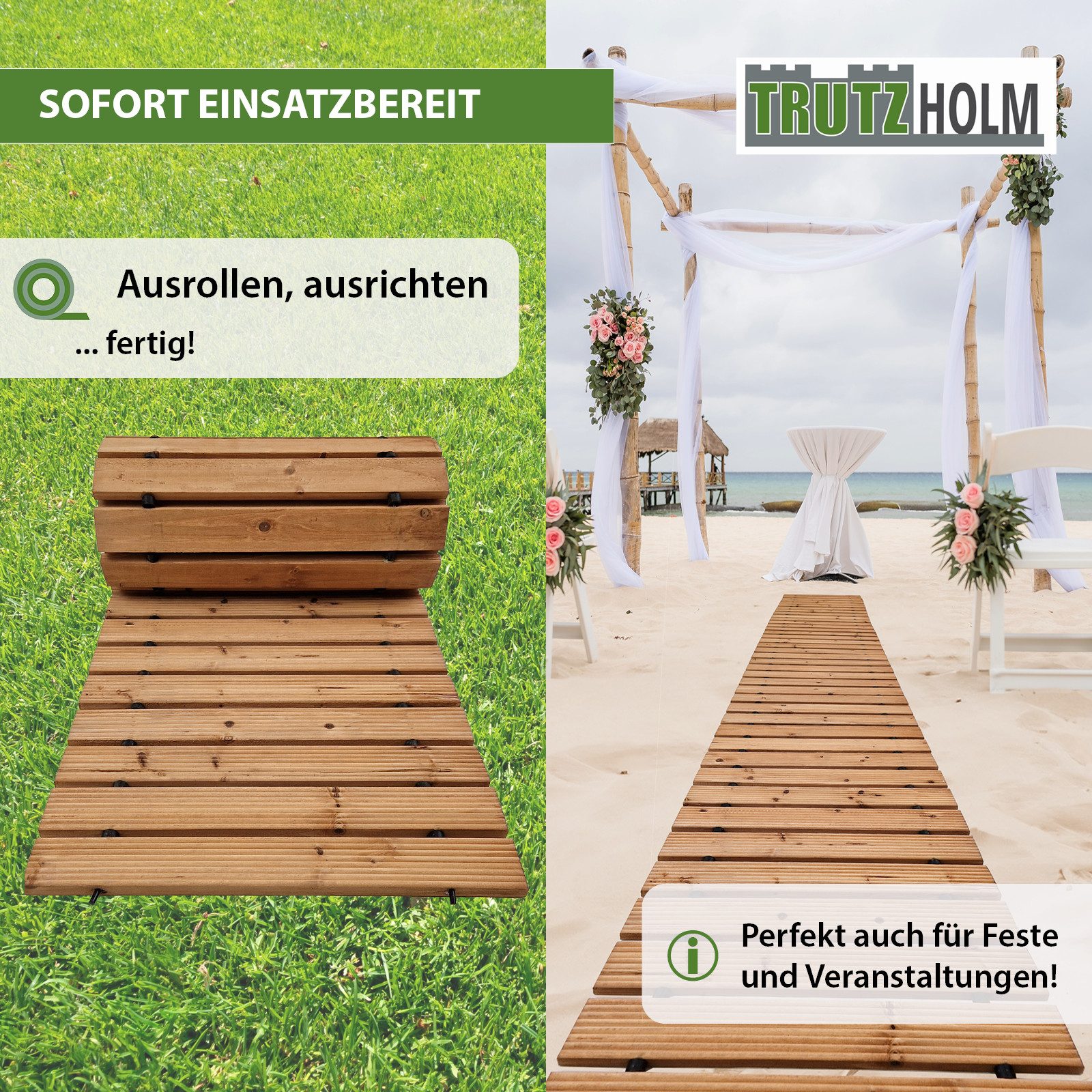 TRUTZHOLM Gartensteg Holzpfad ausrollbar 250x43x2 cm rustikales Tannenholz Anti-Rutsch