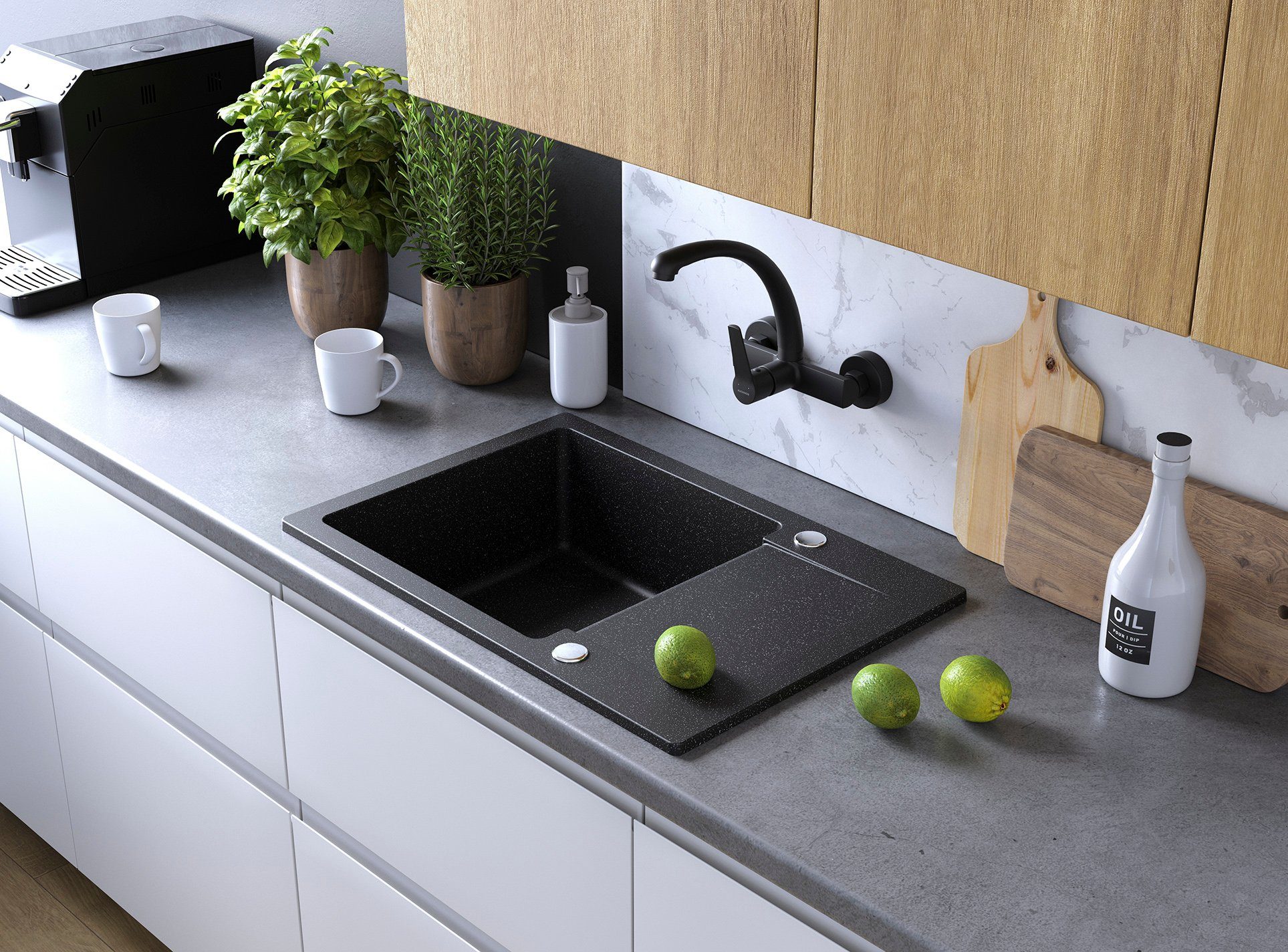 KOLMAN Küchenarmatur Wandmontage Wasserhahn in Küchenmischer Schwarz für VILAVA Küche
