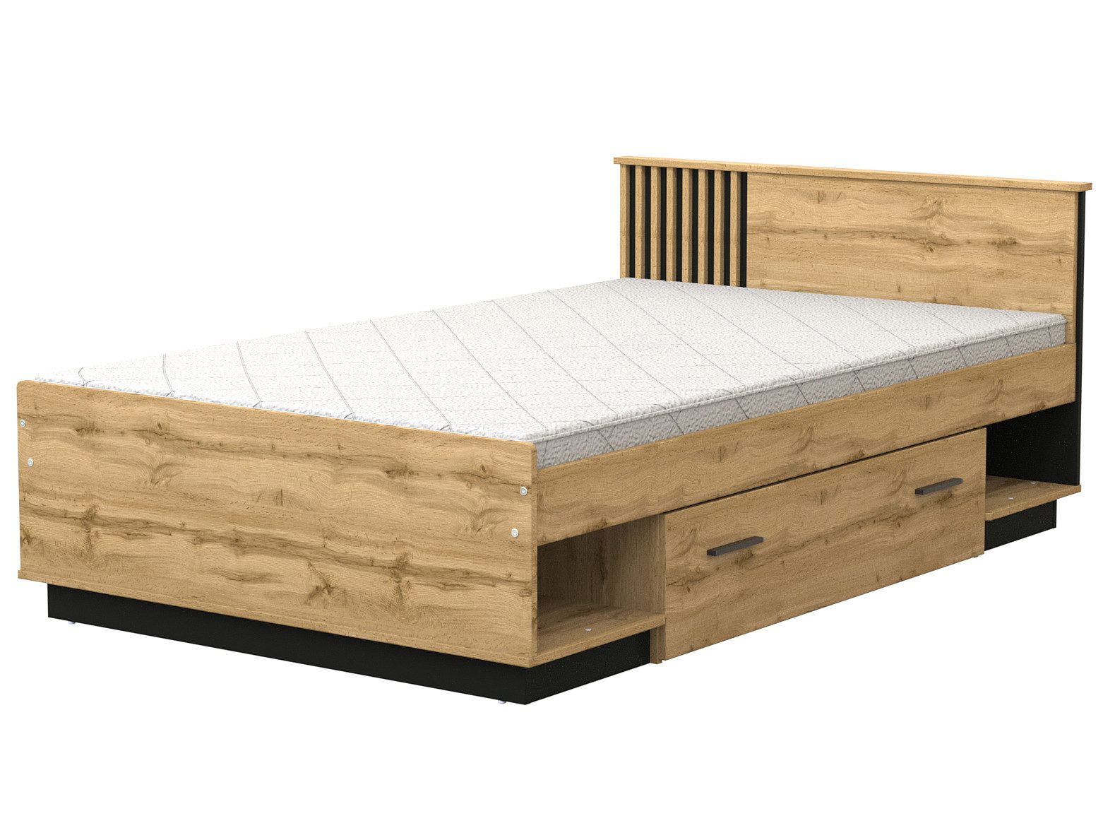Beautysofa Holzbett LAMELO 120x200 cm mit Matratze & Schublade (Lamellen-Kopfteil, Holzbett 120x200 cm mit Matratze, Bettkasten, Schublade), Stilvolles mit Holzlamellen im Kopfteil, Mit praktischer Schublade