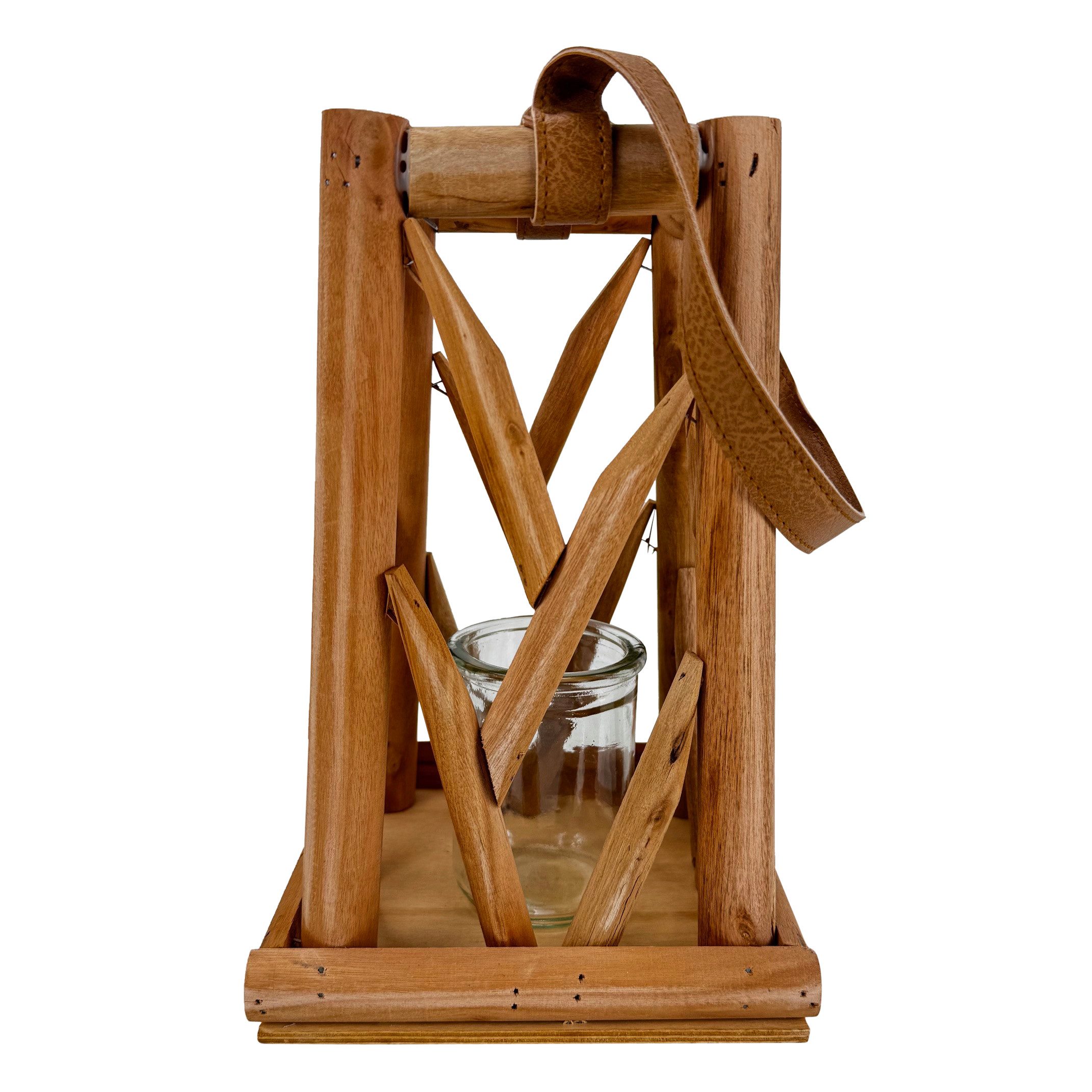 Online-Fuchs Windlicht Laterne aus Holz mit Kerzenglas und Trageriemen - Outdoor (28 cm groß, für kleine Kerzen oder Teelichter), Dekoration für Garten, Terrasse und Balkon