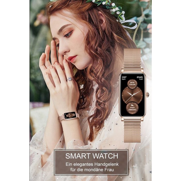 TPFNet SW32 mit Milanaise Armband für Damen - individuelles Display Smartwatch (Android) Armbanduhr mit Musiksteuerung Herzfrequenz Schrittzähler Kalorien Sportmodus etc. - Silber RY12376