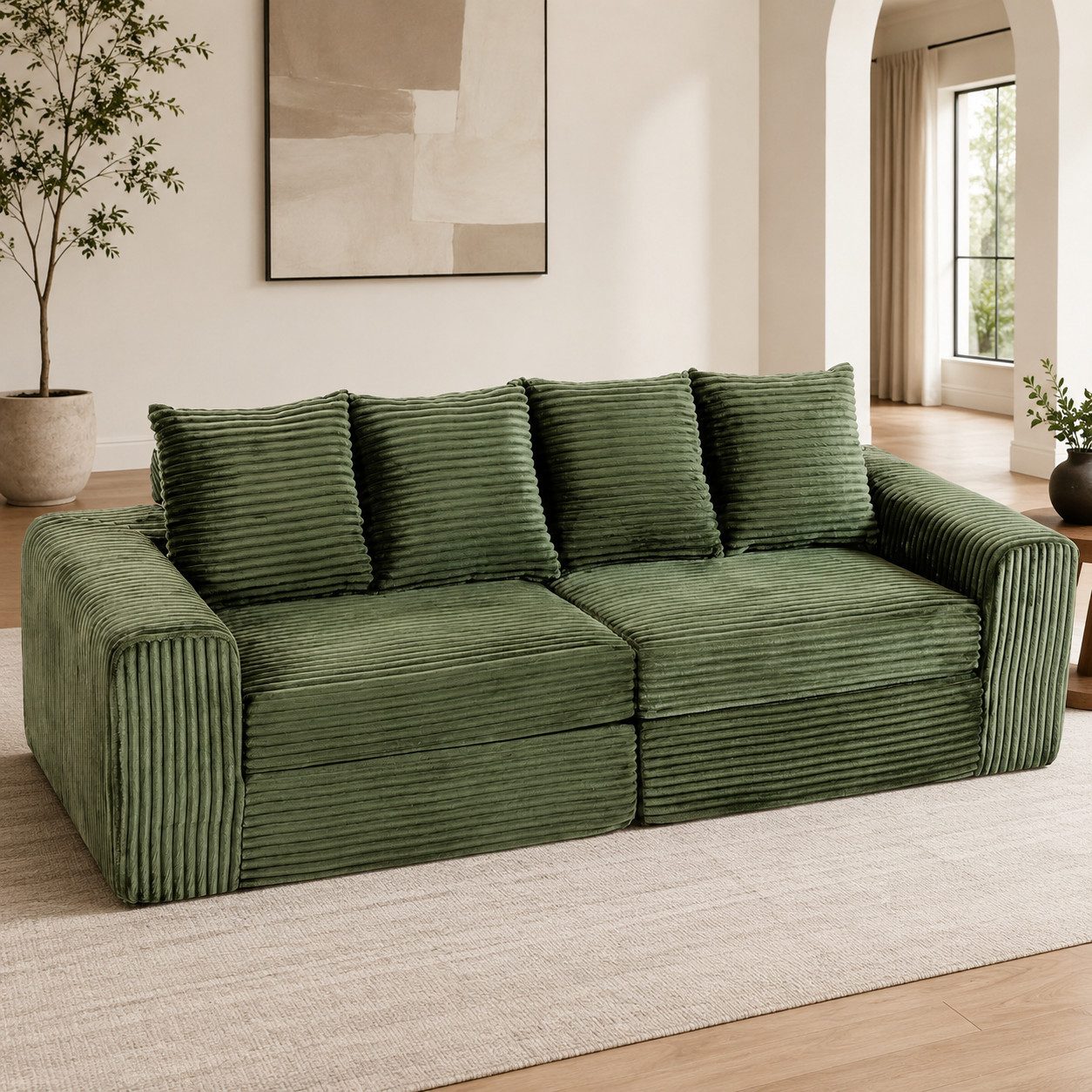 Orvane Schlafsofa Großes modulares Ecksofa aus Breitcord mit flexiblem Hocker, 245 cm, Modular, Fußhocker frei positionierbar, vakuumverpackt, montagefrei