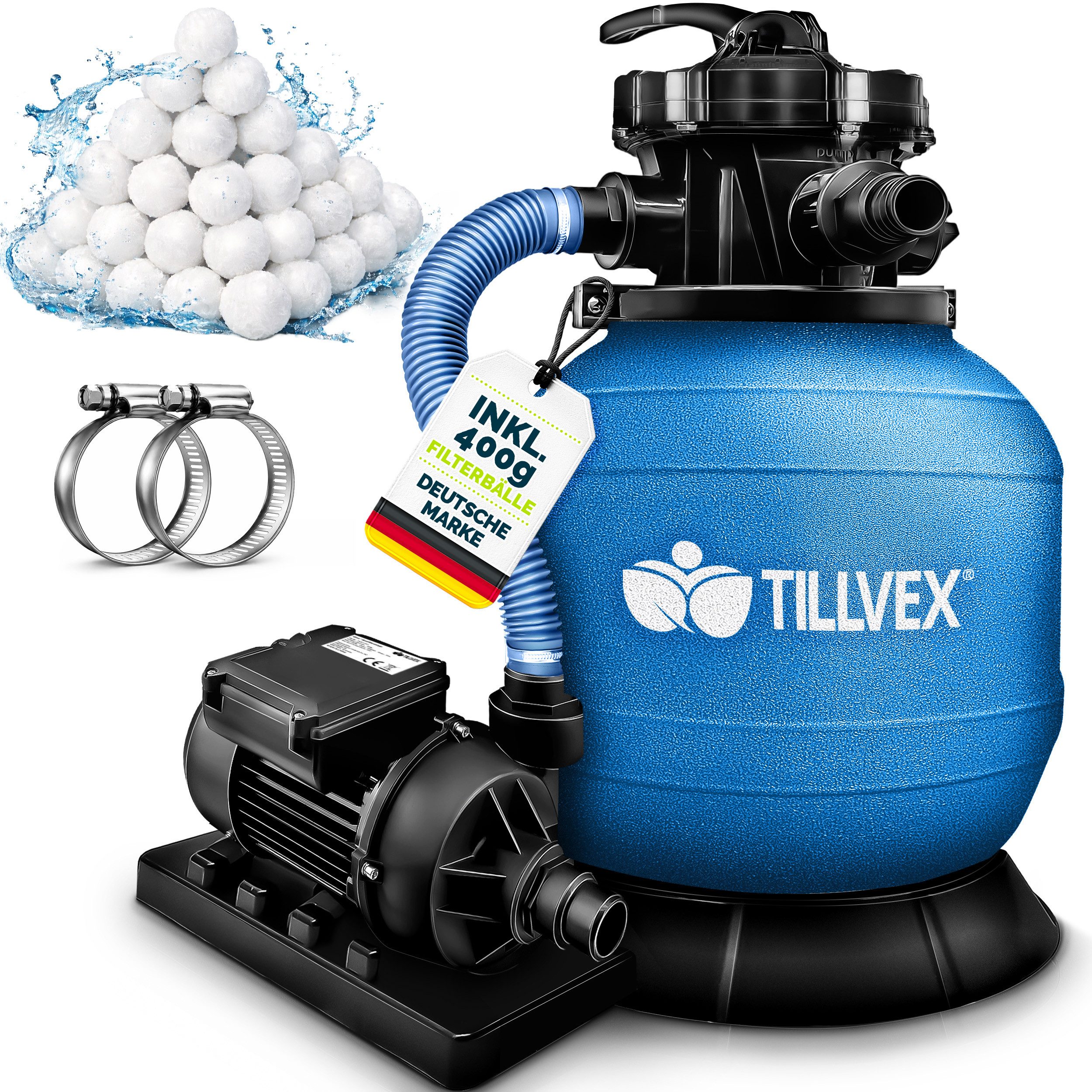 tillvex Sandfilteranlage Filteranlage 7.900L/h mit 400g Filterbällen + Pumpe Filter (Set), 7-Wege Ventil
