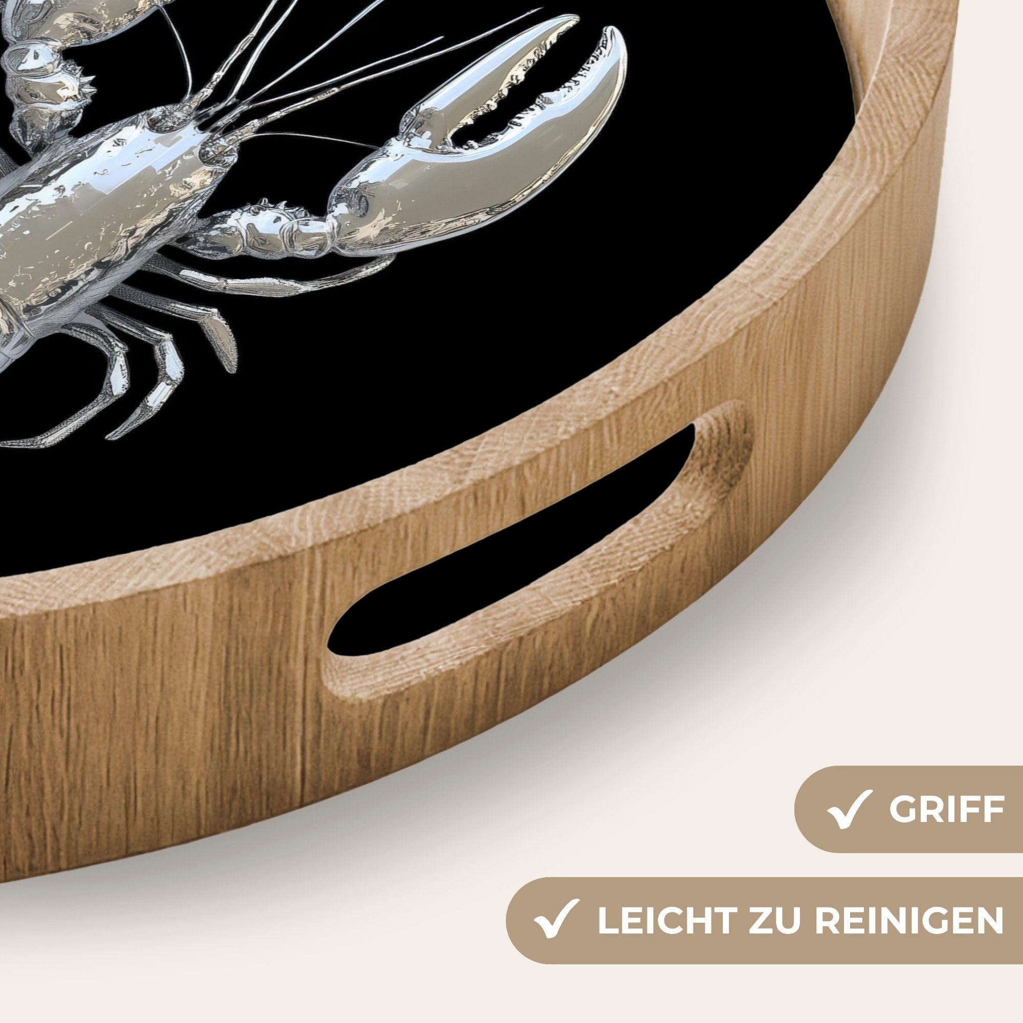 OnlyWow Tablett Rund mit Henkel Hummer - Silber - Metallisch - Luxus, Eichenholz, (1-tlg), Siervierplatte, Tray, Frühstücksbrett