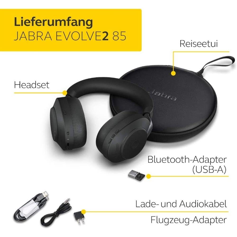 Jabra Evolve2 85 PC-Headset Wireless, Schwarz) USB-A, MS Bluetooth, (HearThrough/Noise Teams, Stereo, Microsoft Cancellation