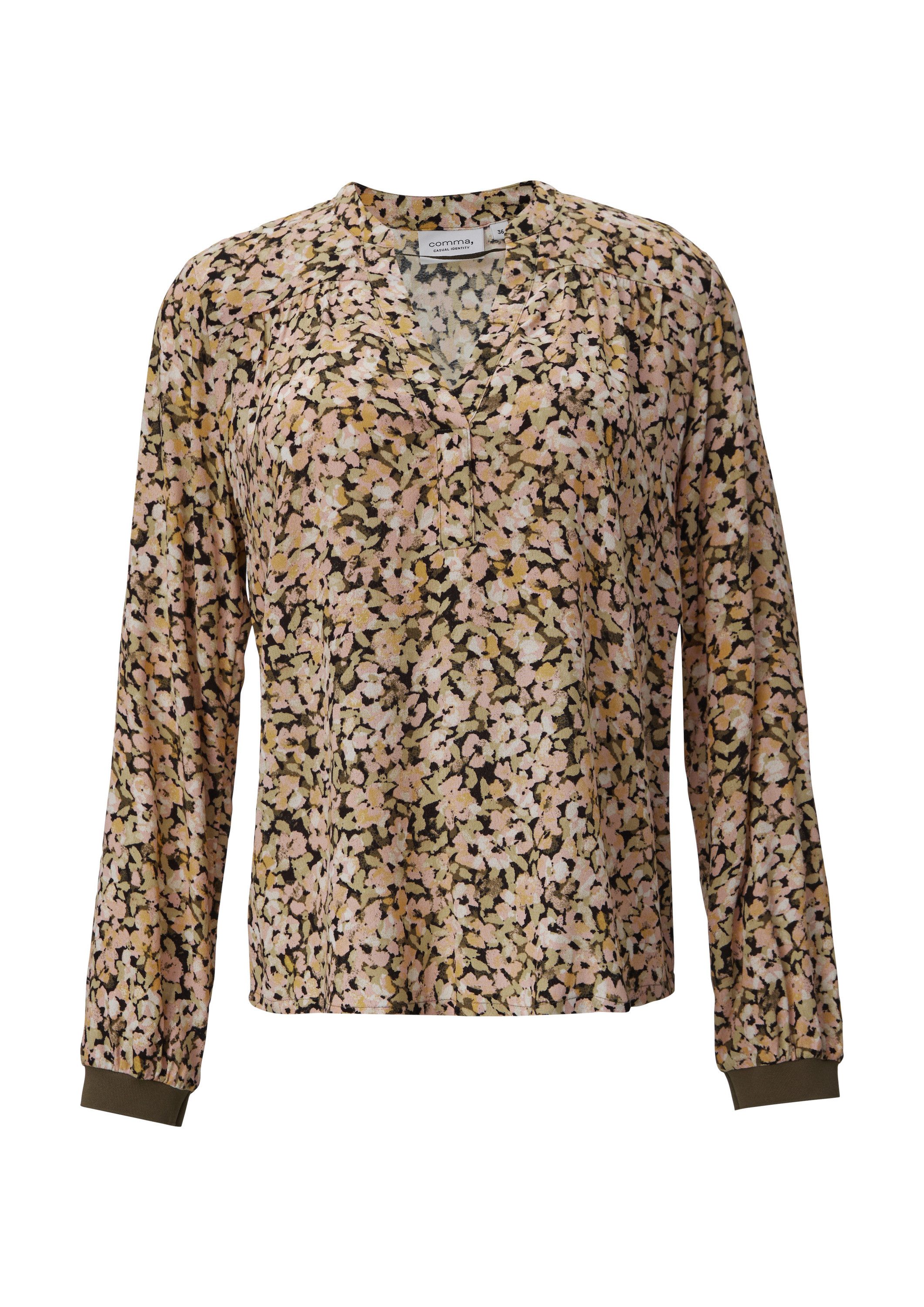 comma Langarmbluse Bluse Floral gemusterte Bluse aus Crêpe mit Rippdetail günstig online kaufen
