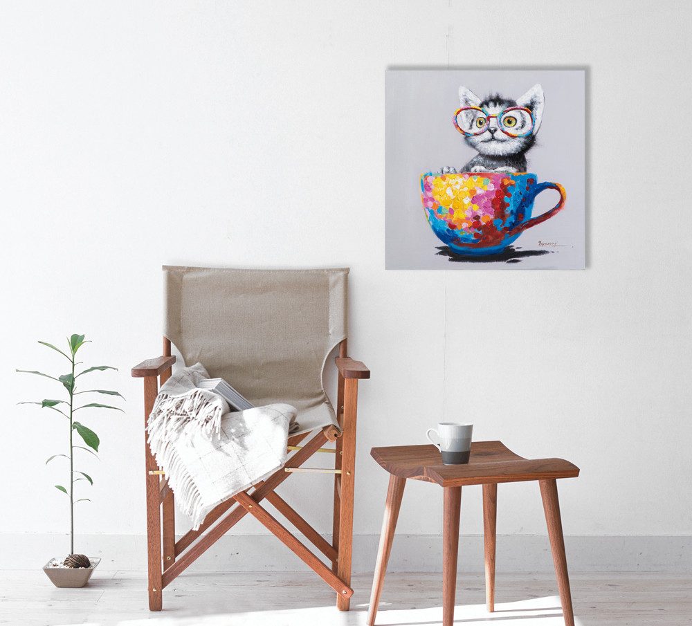 ArtUniverse Gemälde Katze in bunter Tasse 60x60 cm, Tiermotiv