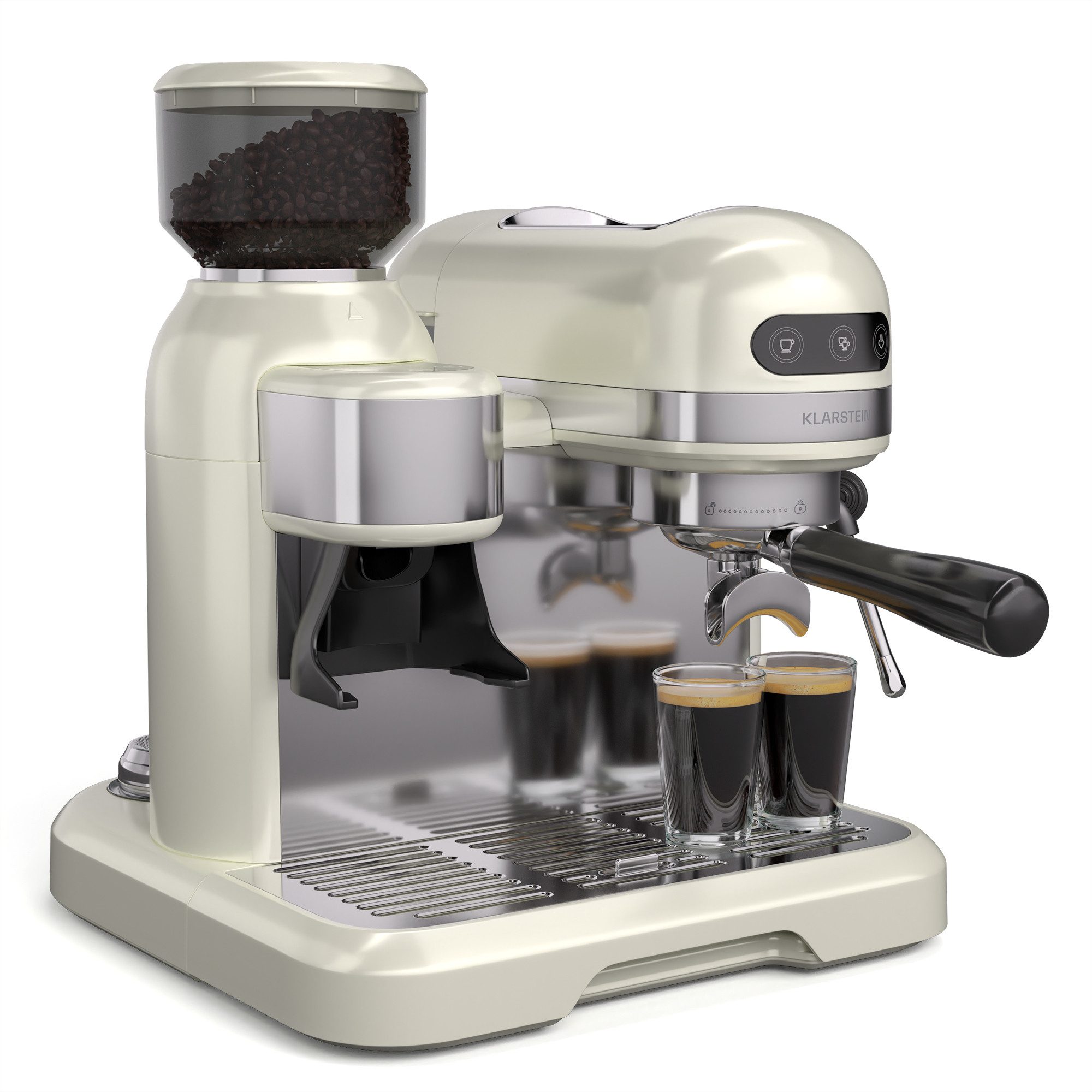 Klarstein Espressomaschine Bella Café Espresso Vintage Mahlwerk 19 bar 1550W 200g 2 Tassen Milch, 1.4l Kaffeekanne, Edelstahl-Siebträger, Kaffeebereiter mit Kegel-Mahlwerk 19 bar & Tamper