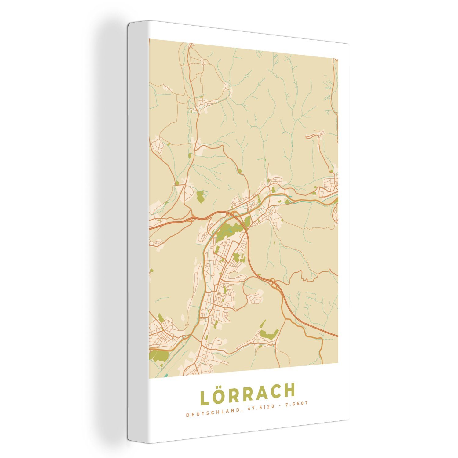 OneMillionCanvasses® Leinwandbild Stadtplan - Lörrach - Vintage - Karte, (1 St), Leinwandbild fertig bespannt inkl. Zackenaufhänger, Gemälde, 20x30 cm