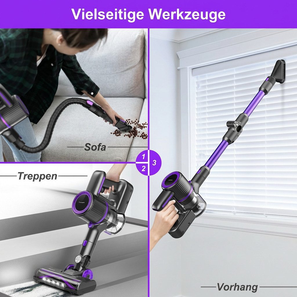 POWEART Akku-Hand-und Stielstaubsauger Akku Staubsauger 80000Pa/60 Min/1,8 L Staubsauger Kabellos, mit Beutel, 50dB leise/6-Stufen-Filter/LED Display, Ideal für Böden/Teppiche/Auto