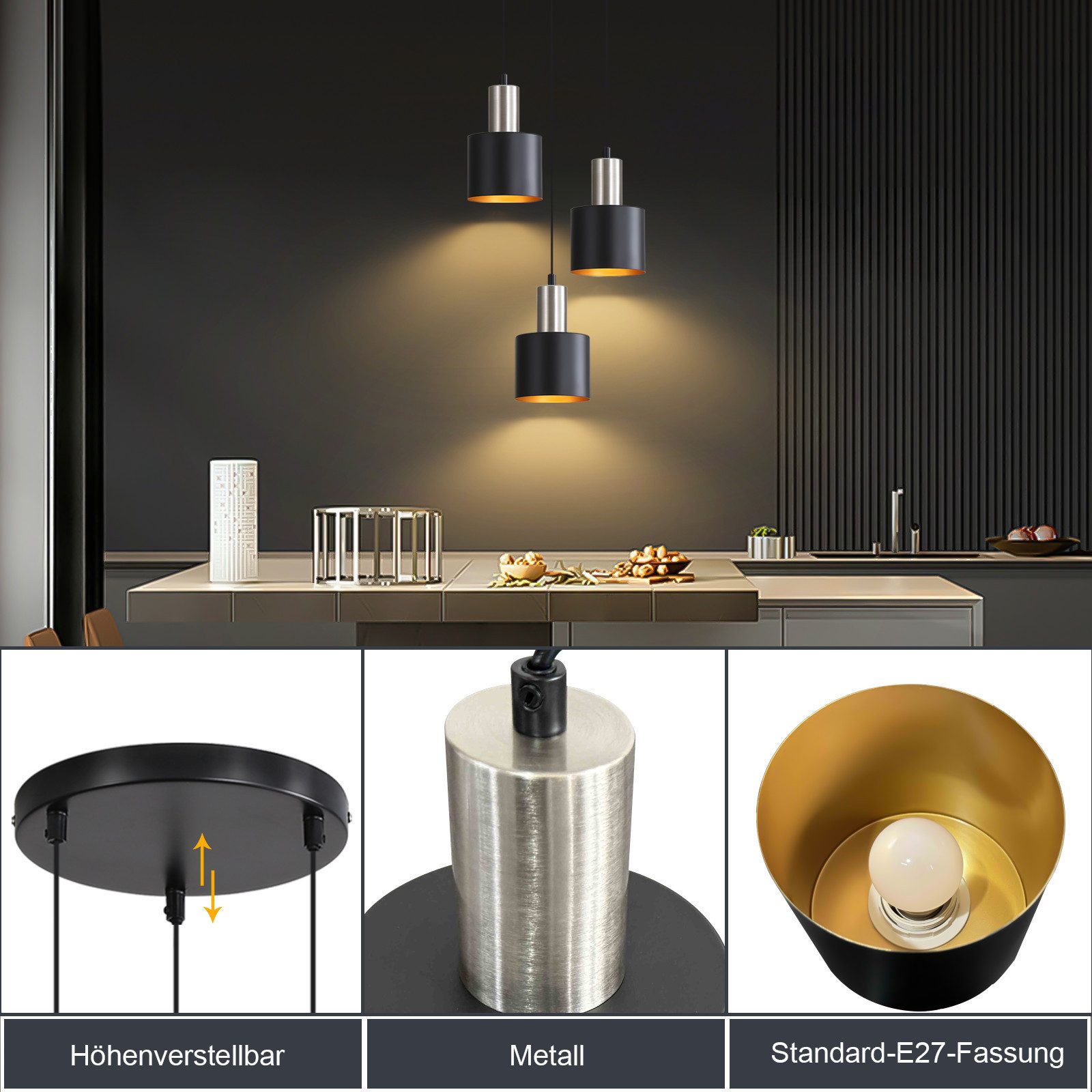 Nettlife Hängeleuchte Schwarz Vintage 1/2/3 Flammig Esstisch E27 Pendelleuchte, Höhenverstellbar, LED wechselbar, Metall Pendelleuchte Essbereich Hängelampe – Bild 3 von 5