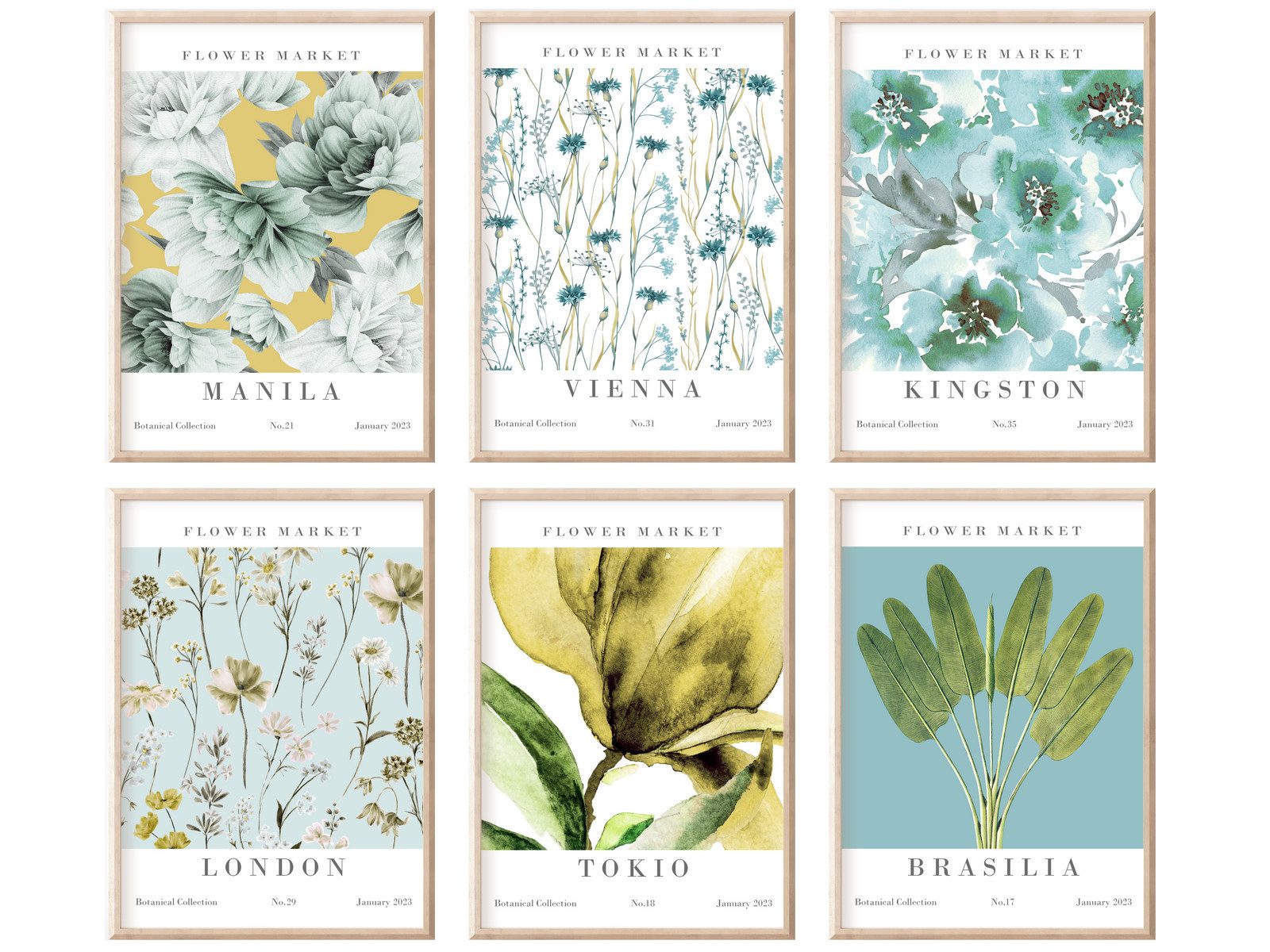 Poster Bilder Bilderset Wandbilder FLOWER MARKET TÜRKIS GELB 6er Set Print