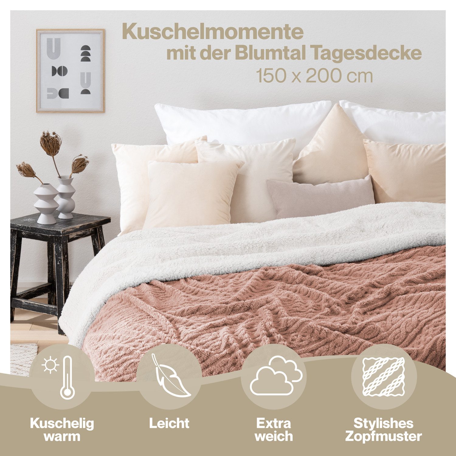 Wohndecke Oeko-TEX zertifizierte waschbare Wohn- & Kuscheldecke, Blumtal, mit weicher Sherpa-Innenseite – Bild 3 von 5