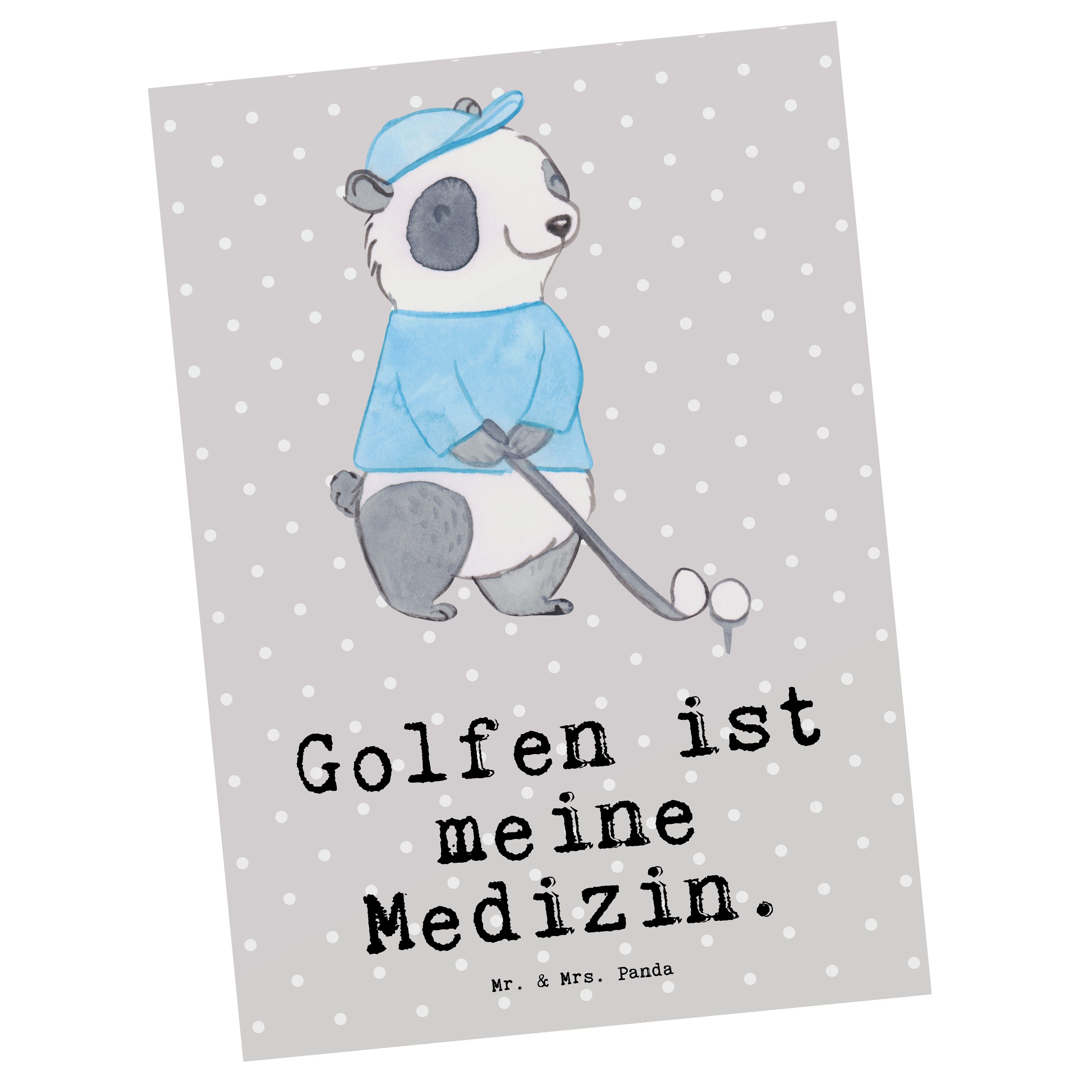 Mr. & Mrs. Panda Postkarte Panda Golfen Medizin - Grau Pastell - Geschenk, Karte, Einladungskart