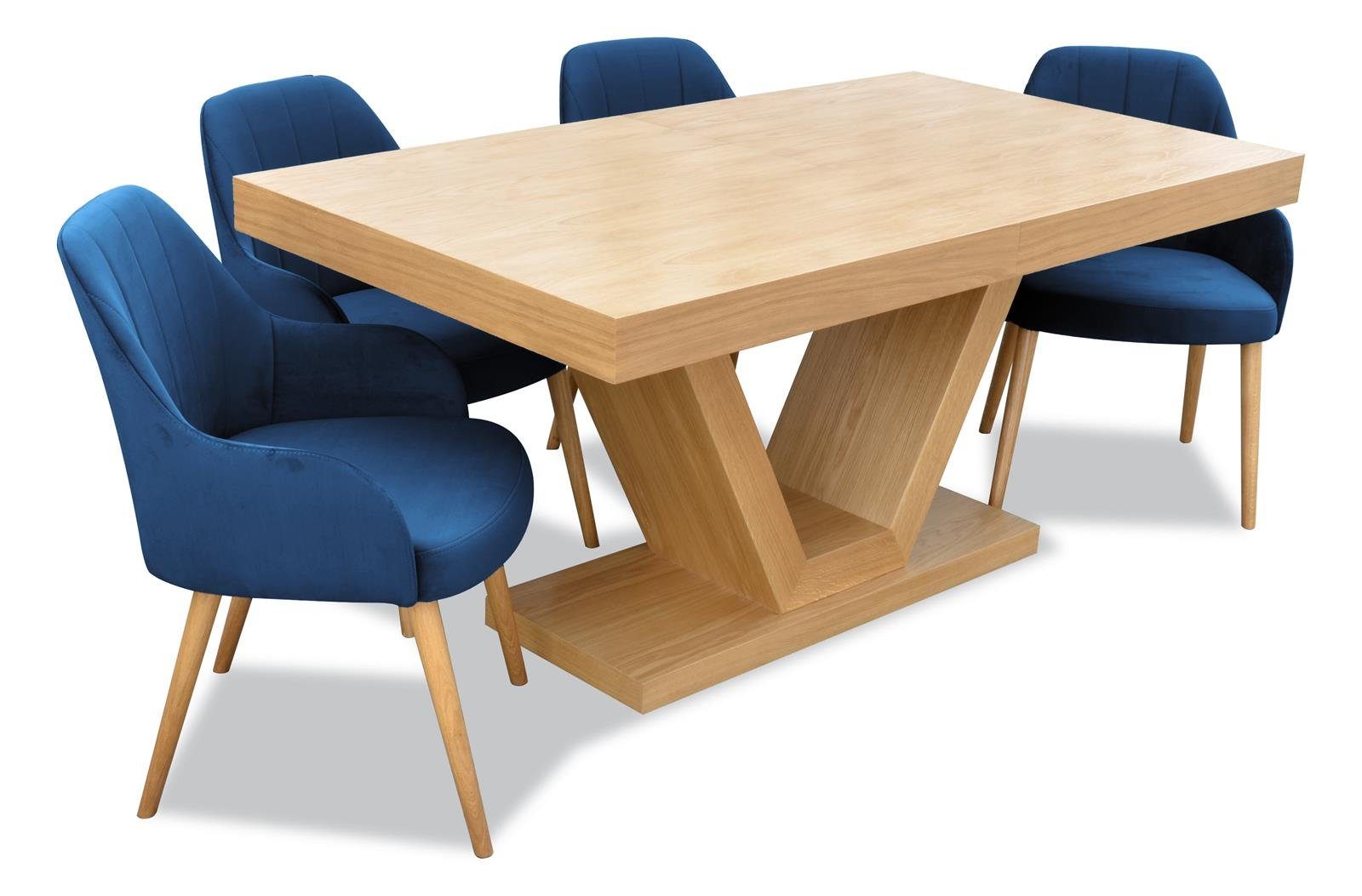 Beautysofa Sitzgruppe gepolsterte (Eichenfurnier 160 09) mit Set - Marineblau Stühle Velourstoff 210 cm), Lack, Tischplatte mit modernes KLARA, 4x mit (kronos ausziehbare 