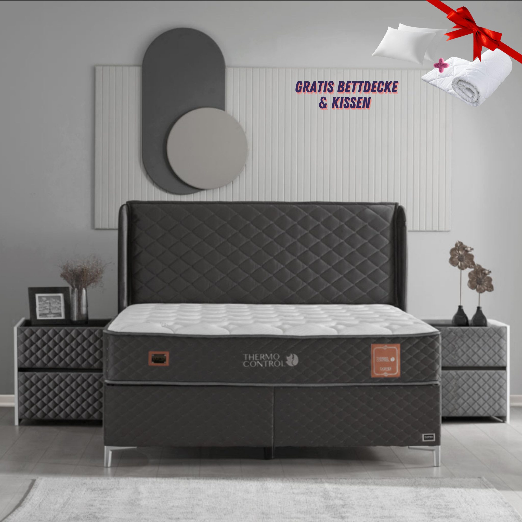 Bambi Boxspringbett mit Matratze mit Topper Polsterbett Stauraumbett Thermo Control (2 Bettkästen, 1 Matratze, Kopfteil)