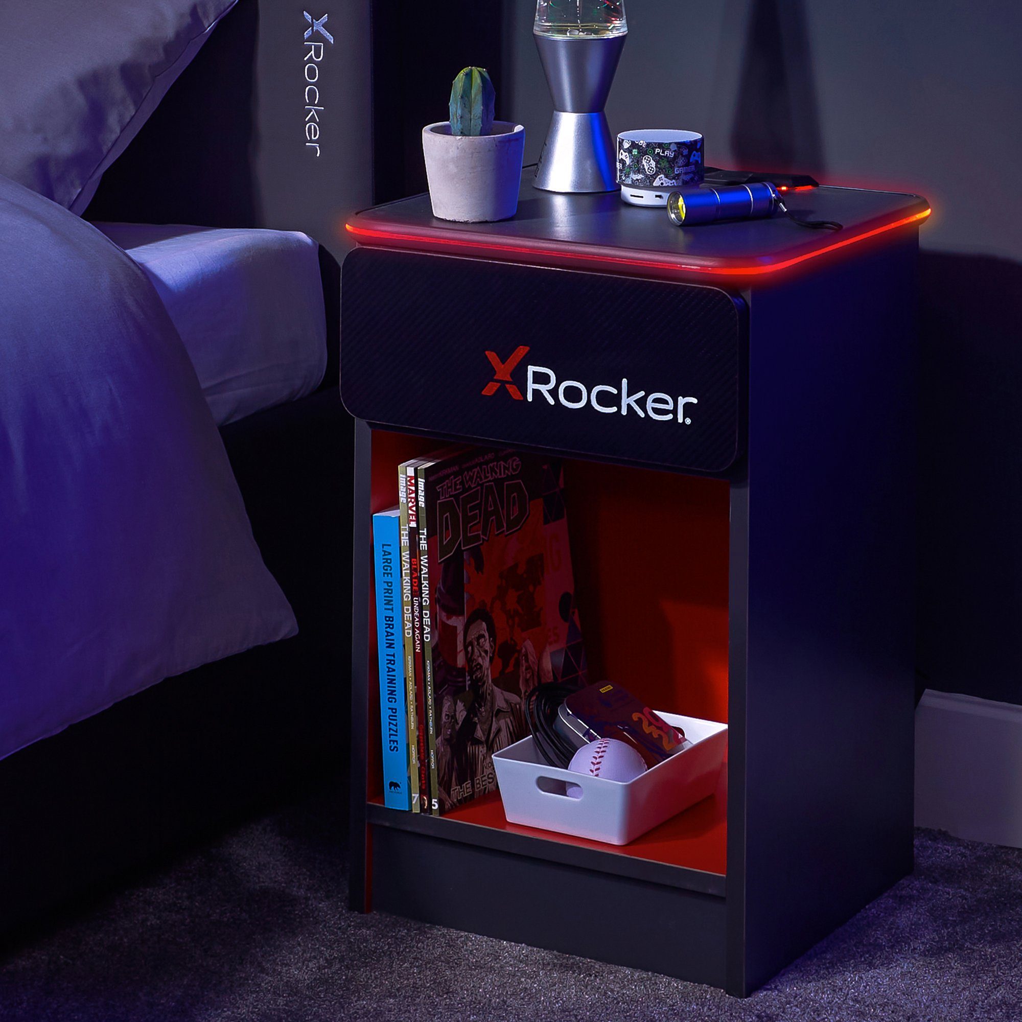 X Rocker Nachttisch Carbon-Tek Nachttisch mit LED-Beleuchtung & Wireless Charging Schwarz