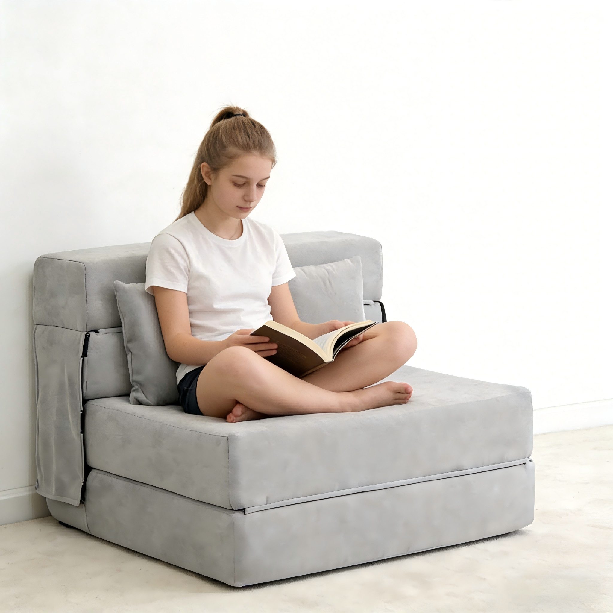 BlingBin Schlafsofa 3 in 1 Schlafsessel Klappbar Bodensofa mit Bettfunktion und 2 Kissen, 1er Set 1 Teile, Gästematratze mit abnehmbarem & waschbarem Bezug