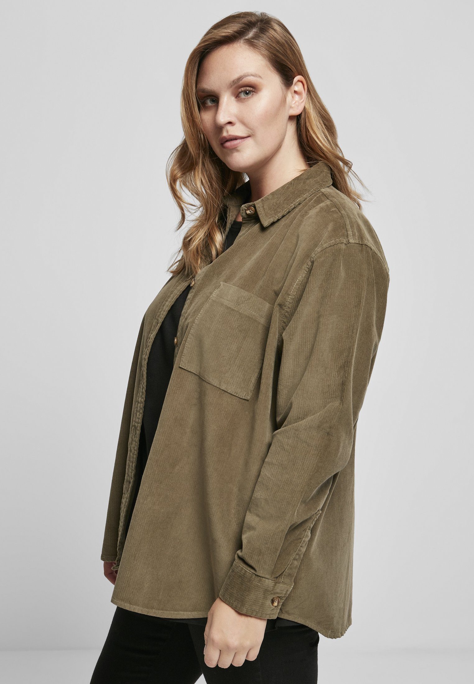 URBAN CLASSICS Langarmhemd (1-tlg) olive Shirt Corduroy Damen Oversized Ladies