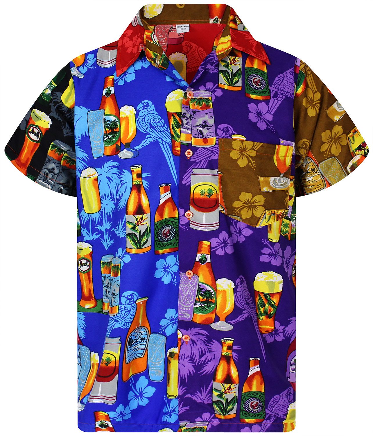 King Kameha Hawaiihemd "Beerbottle" Funky Hawaii-Hemd Herren Kurzarm Front-Tasche Stylish
