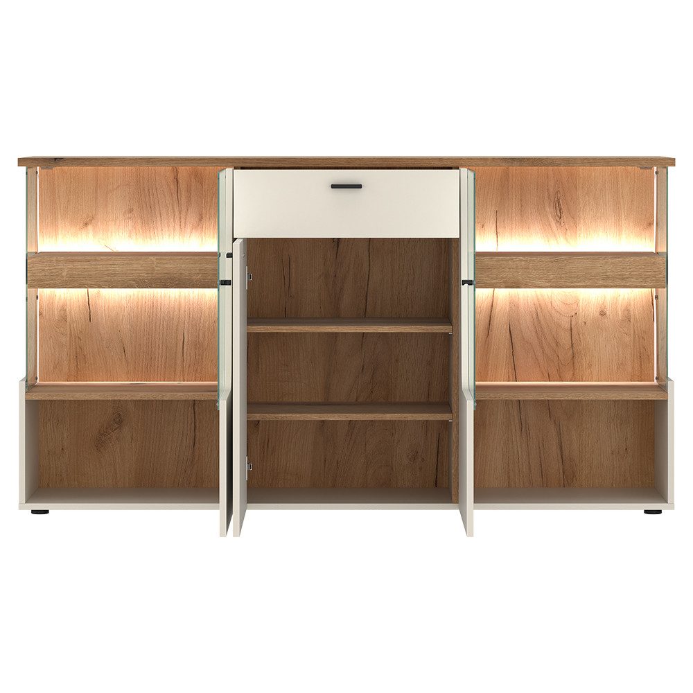 Lomadox Sideboard CARMONA-129, 165 cm breit in Kaschmir & Eiche, 3 Türen & 1 Schublade