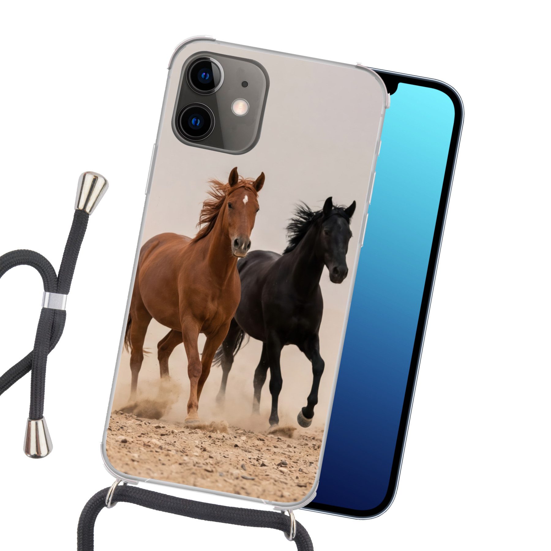 MuchoWow Handyhülle für Apple iPhone 11 Pferdeherde - Staubwolke - Braun - Schwarz, Tragbare Handyhüllen mit Kette zum umhängen, Handykette Handyband