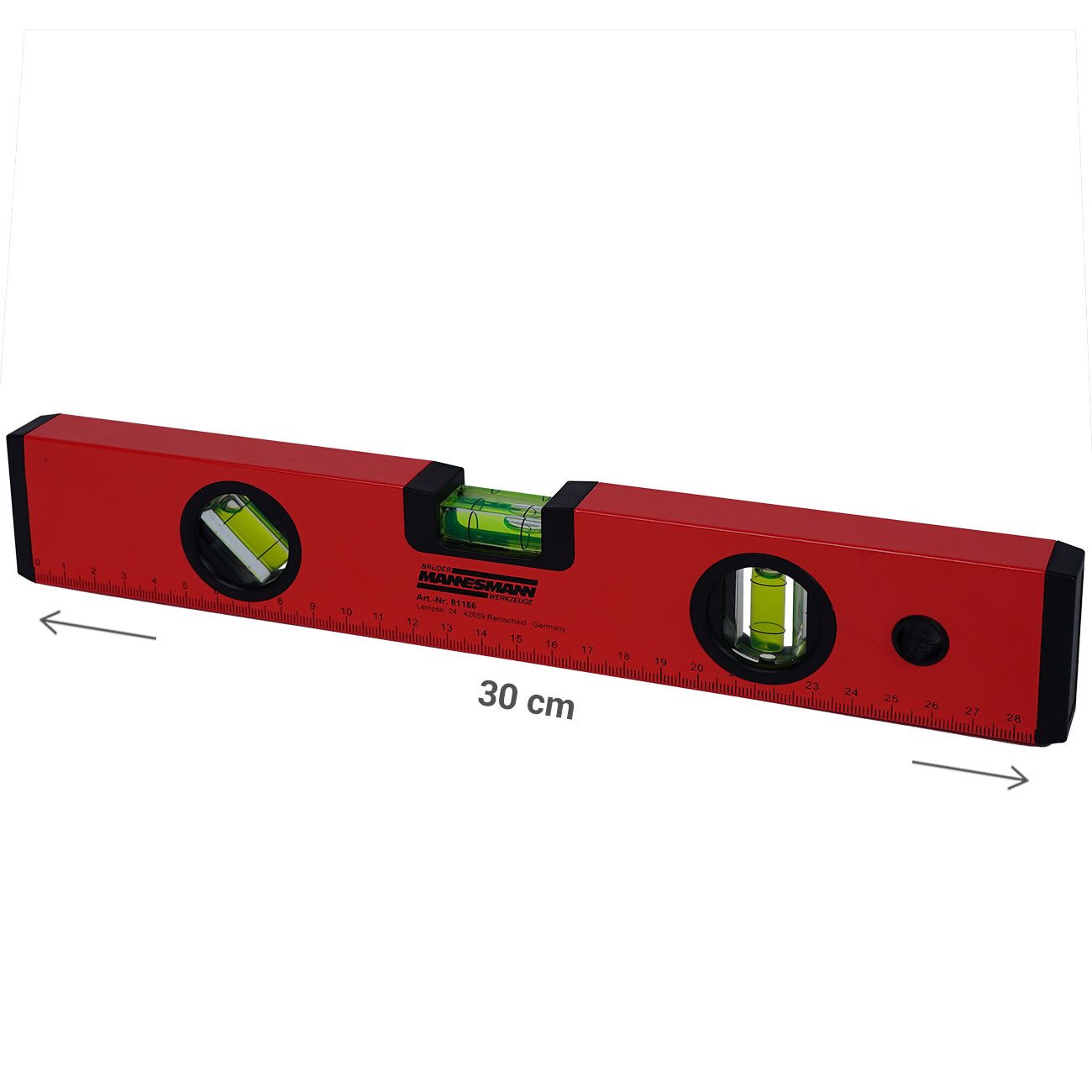 Brüder Mannesmann Werkzeuge Wasserwaage Robuste 30cm Wasserwaage (rot/schwarz) mit 3 Libellen für Heimwerker, Ideall für den Möbelbau und weitere handwerkliche  – Bild 5 von 5